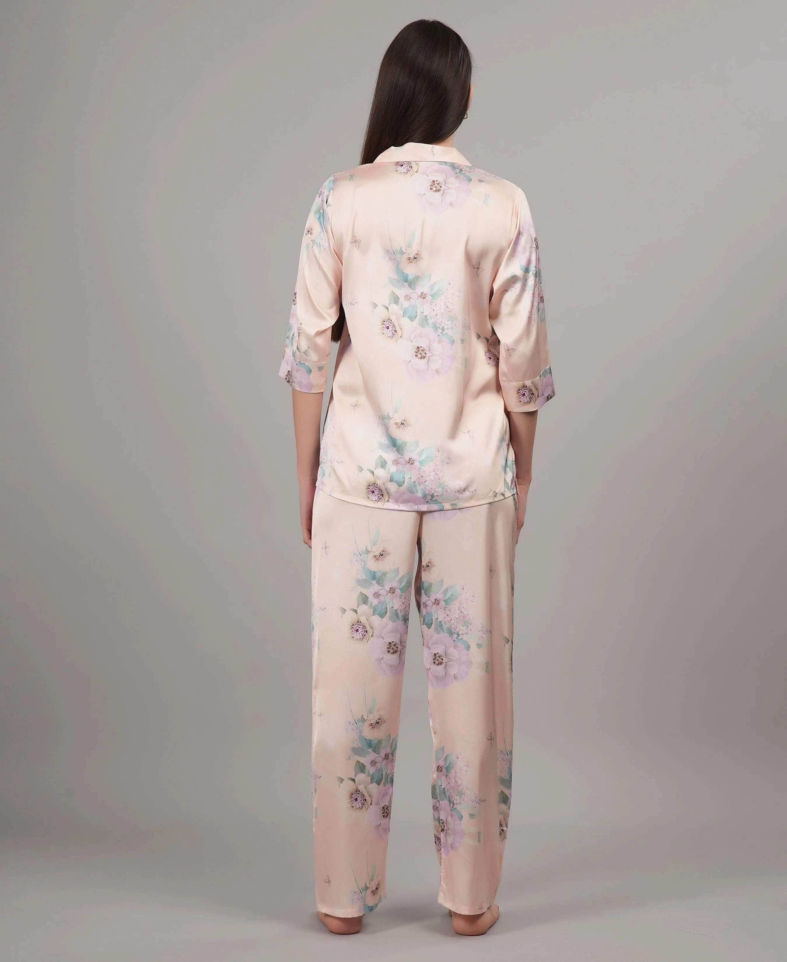 Velure Pleasant Floral Satin Print Night Suit - Velure - - 3/4 Sleeves, Collar Neck, Floral Print, Front Button Open, Full Length Pant, Satin