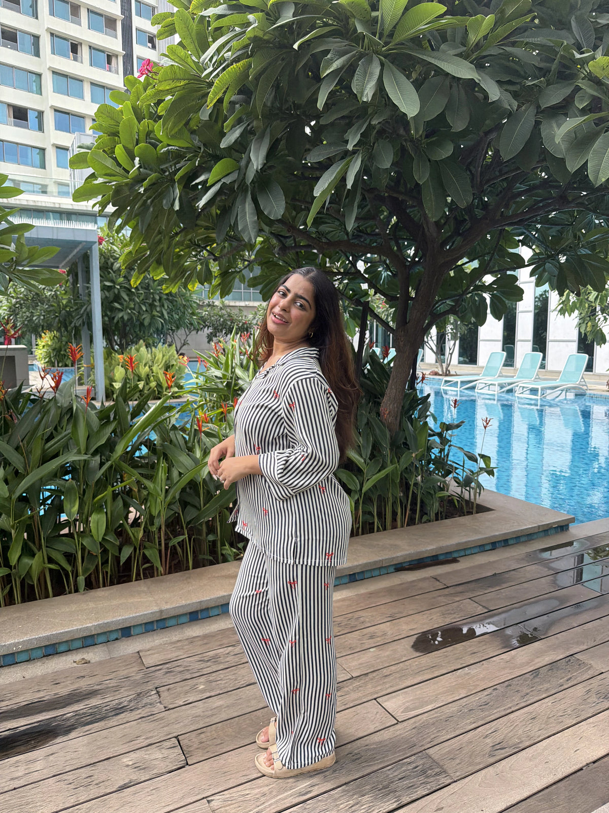 Velure Midnight Bow & Stripe Night Suit