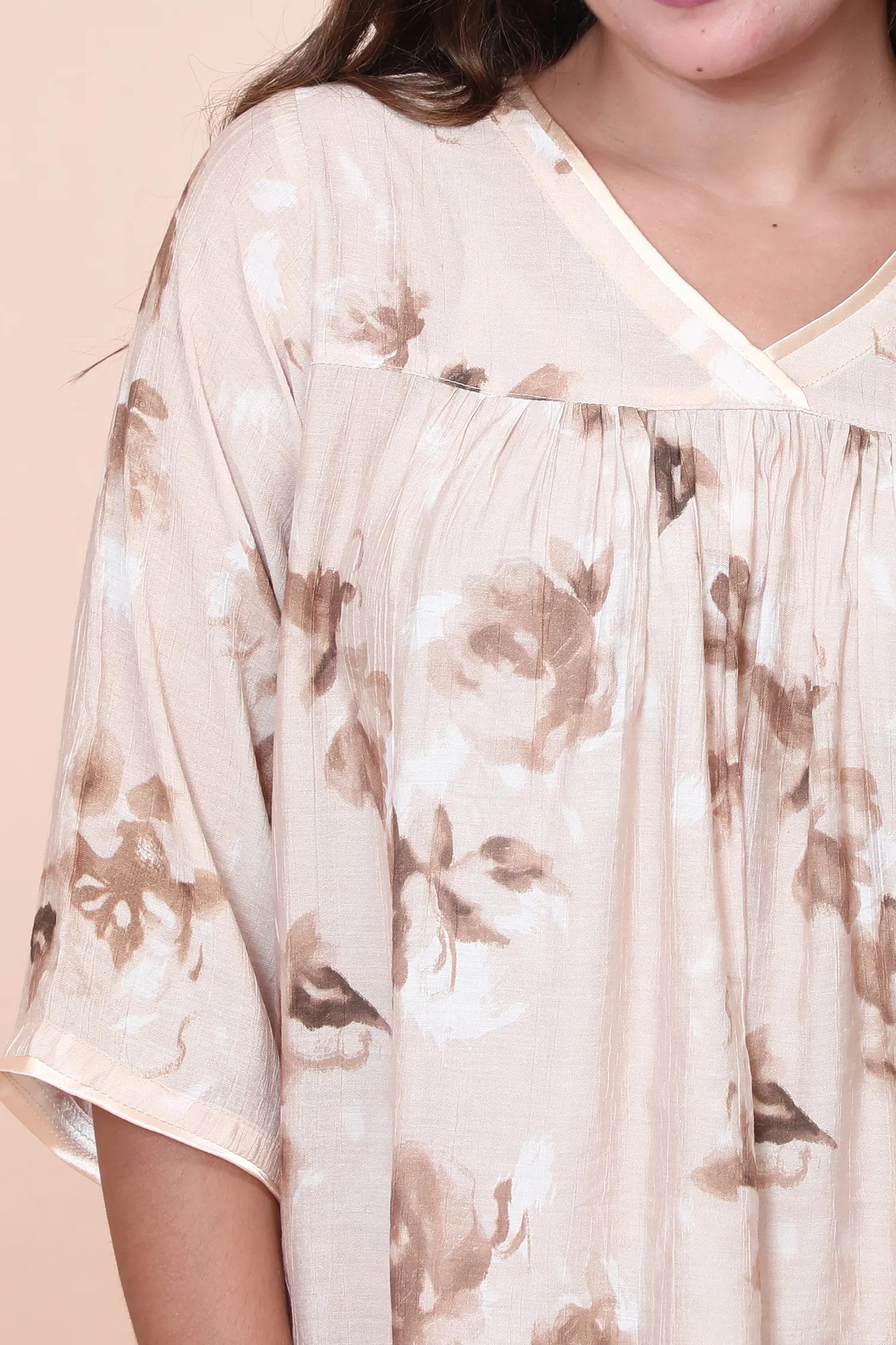 Velure Trendy Brown Floral Print Frock-Style Night Suit - Velure - - 3/4 Sleeves, Cotton, Frock Style, Full Length Pant, Linen, V Neck