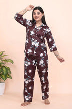 Velure Attractive Brown Floral Print Night Suit - Velure - - 3/4 Sleeves, Collar Neck, Front Button Open, Full Length Pant, Satin