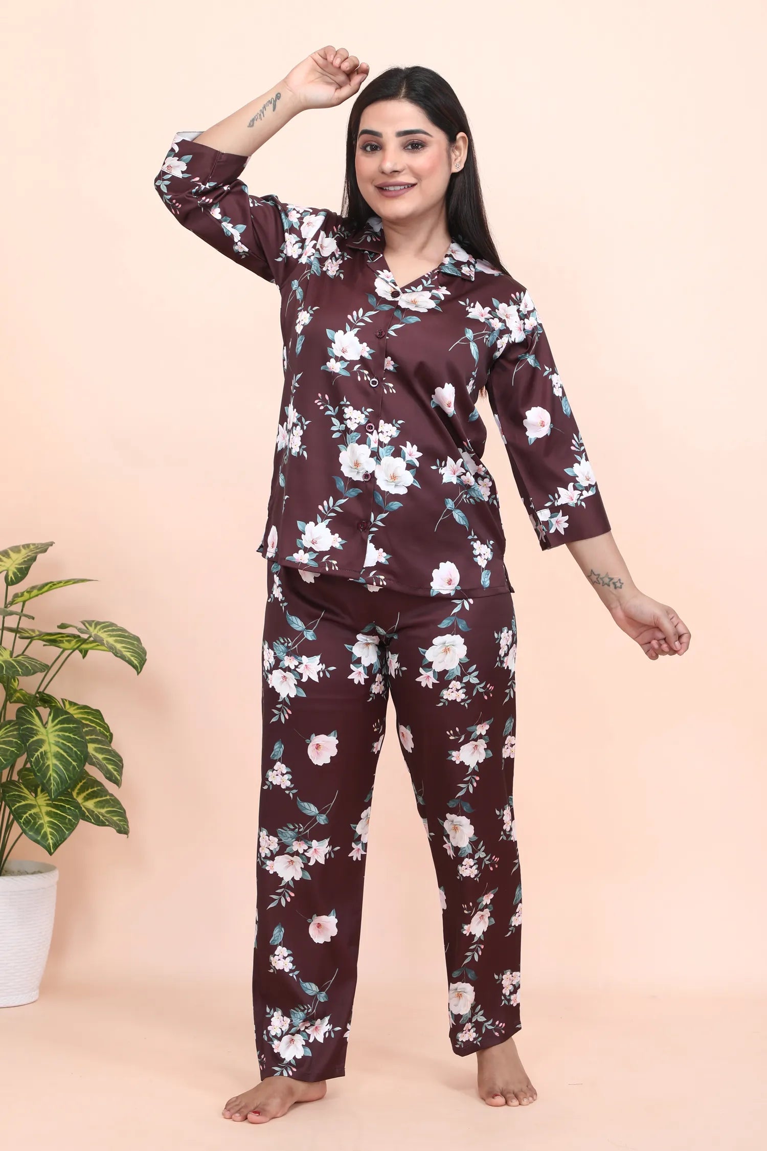 Velure Attractive Brown Floral Print Night Suit - Velure - - 3/4 Sleeves, Collar Neck, Front Button Open, Full Length Pant, Satin