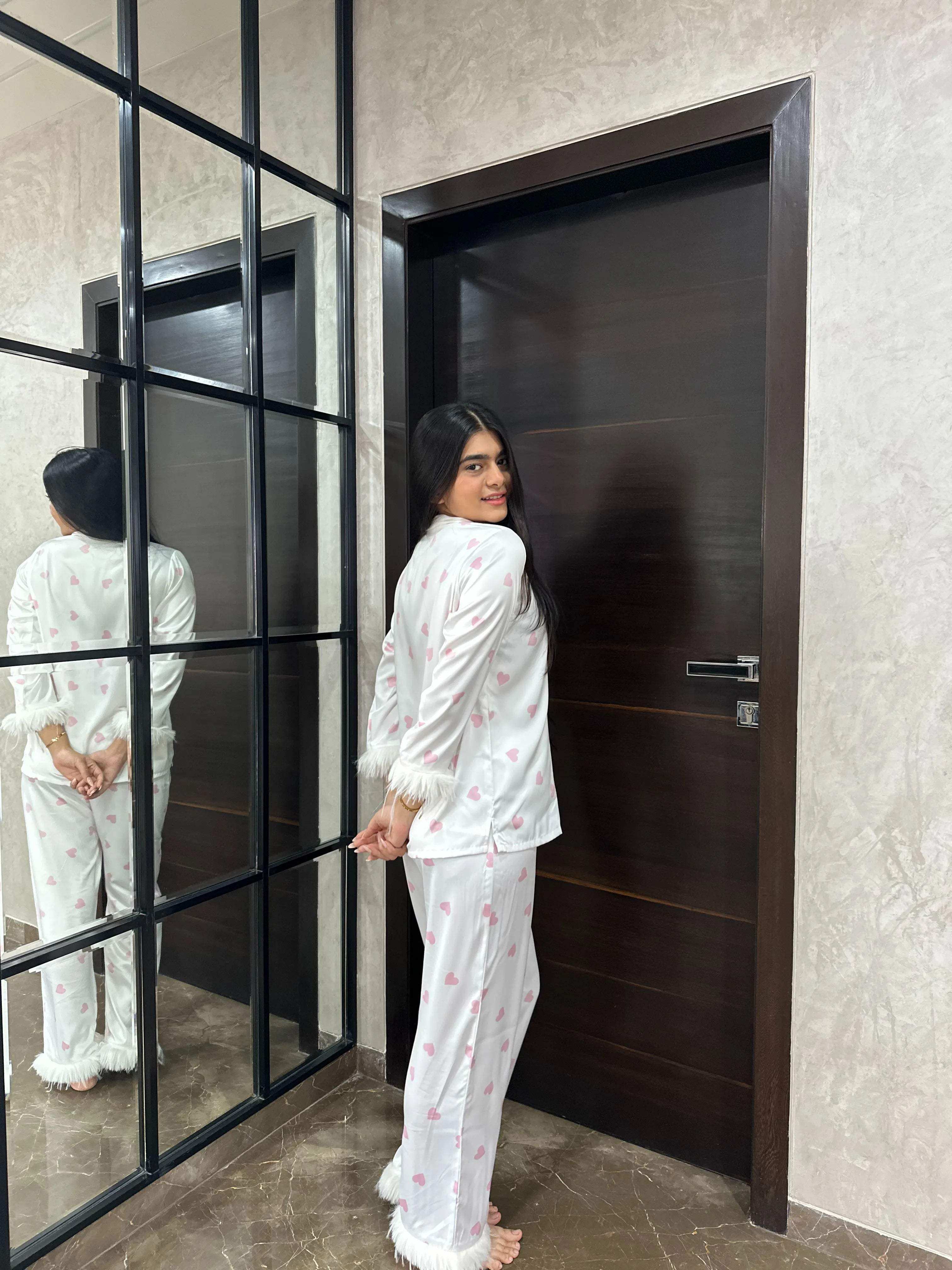 Velure Stylish Pink Heart Print Fur Night Suit - Velure - - Detail-printedfur, Front Button Open, Full Length Pant, Fur, Satin