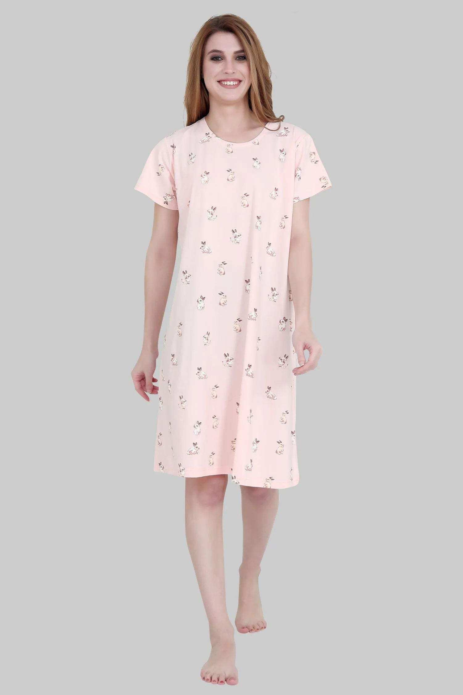 Velure Cartoon Bunny Print Short Nighty - Velure - - Cotton, Half Sleeves, Knee Length, Printed, Round neck