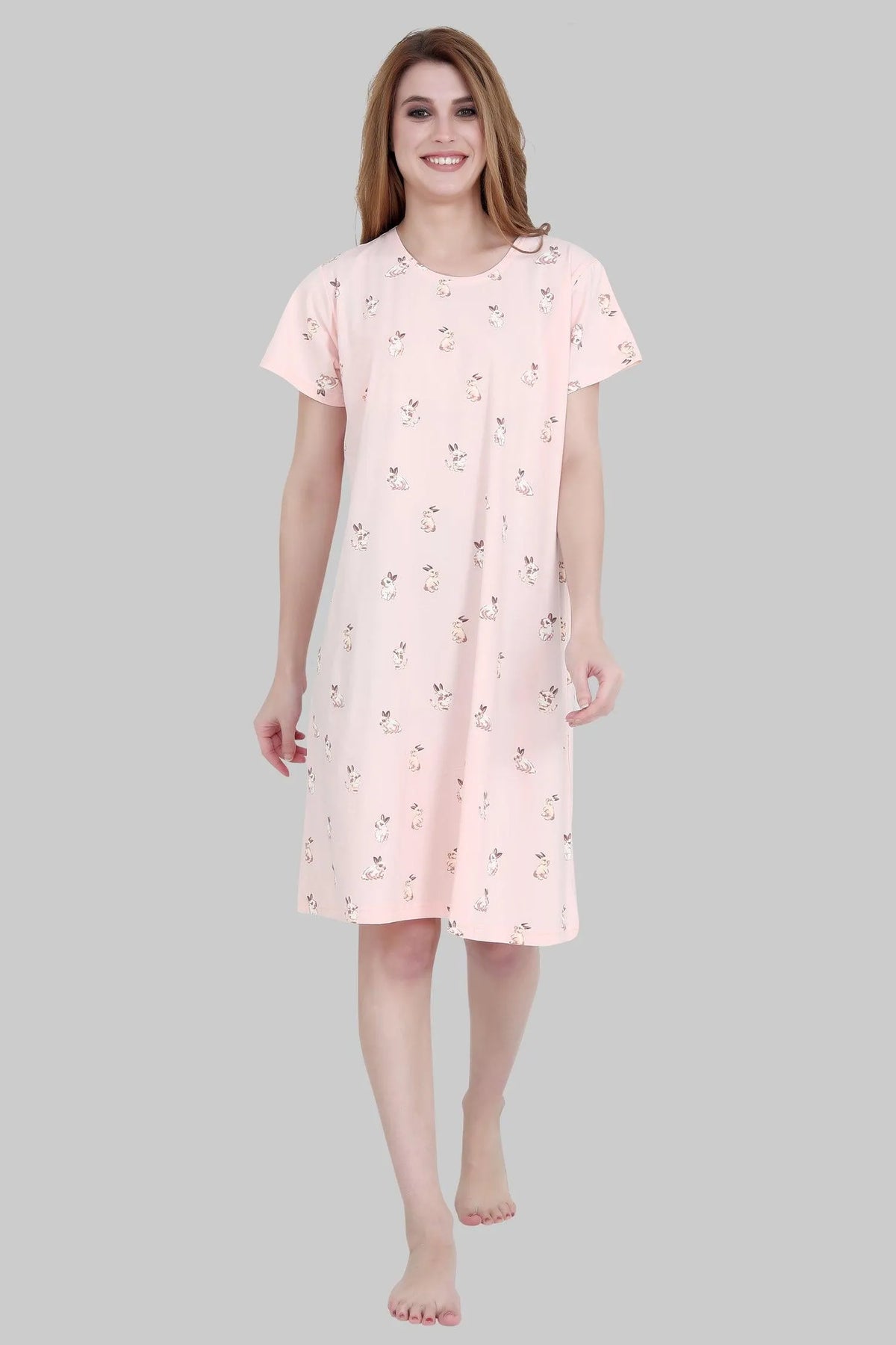 Velure Cartoon Bunny Print Short Nighty - Velure - Short Nighty - Cotton, Half Sleeves, Knee Length, Printed, Round neck