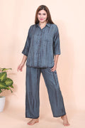 Velure Grey Classic Palazzo Co-ord Set - Velure - - 3/4 Sleeves, Collar Neck, Cotton, Front Button Open, Full Length Pant