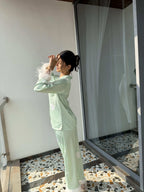Velure Adorable Green Heart Printed Satin Fur Night Suit - Velure - Shirt and Pant - Detail-printedfur, Front Button Open, Full Length Pant, Fur, Satin