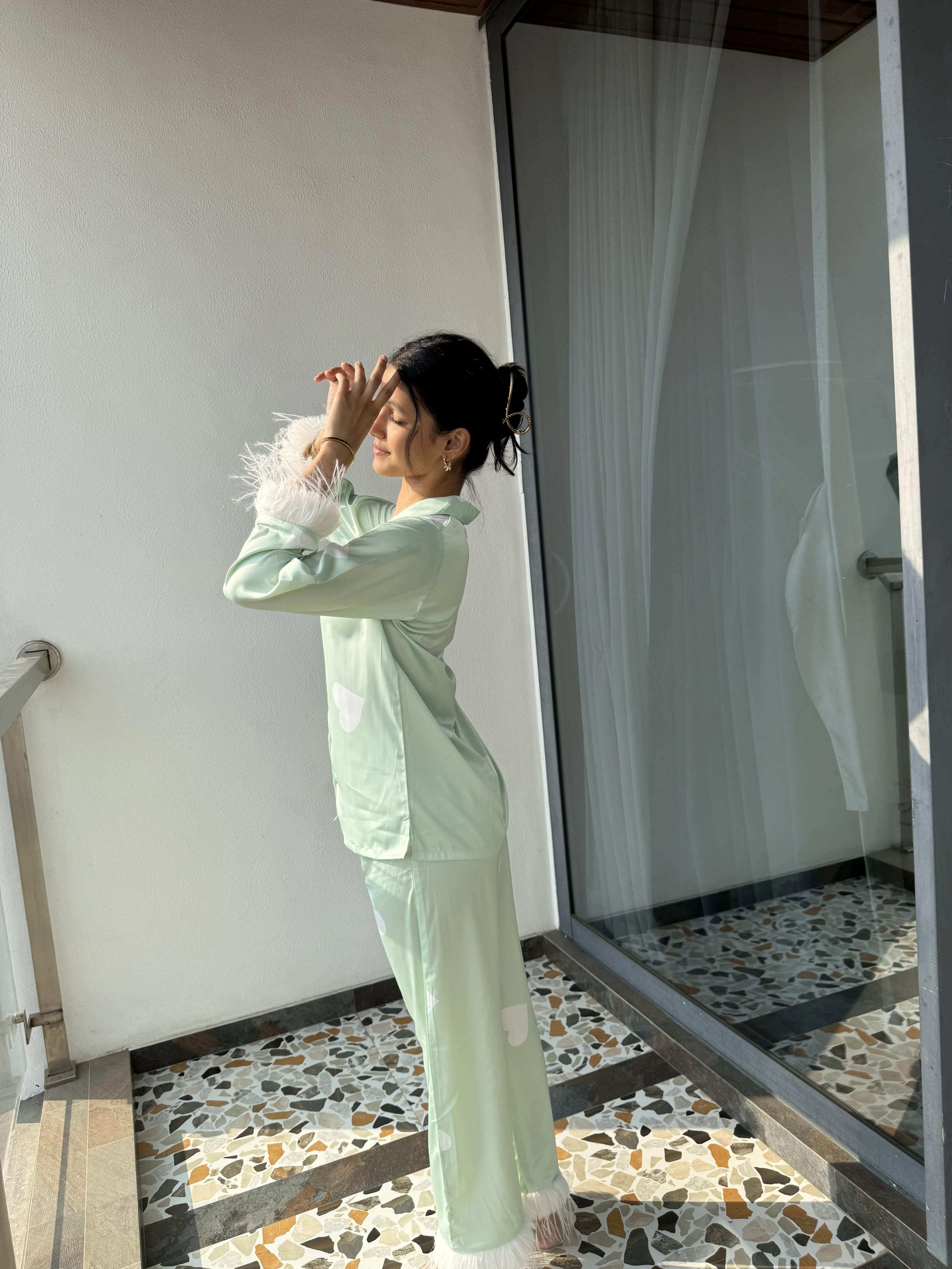 Velure Adorable Green Heart Printed Satin Fur Night Suit - Velure - Shirt and Pant - Detail-printedfur, Front Button Open, Full Length Pant, Fur, Satin