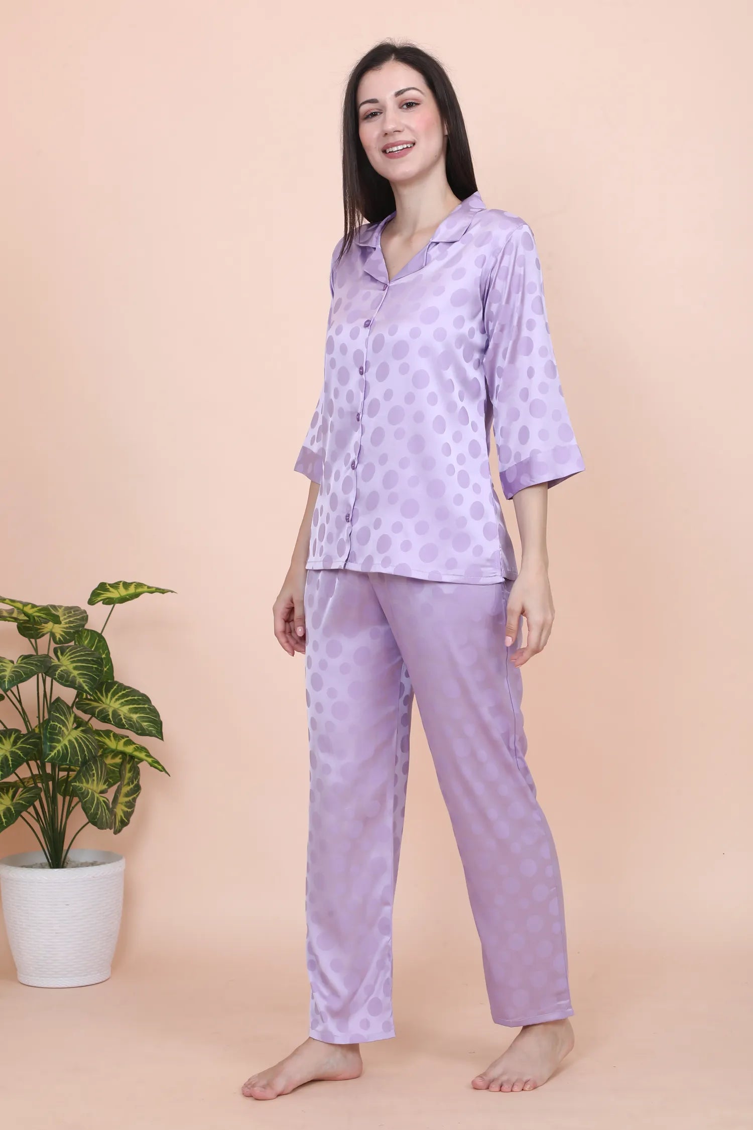 Velure Lavender Casual Polka Dot Satin Night Suit