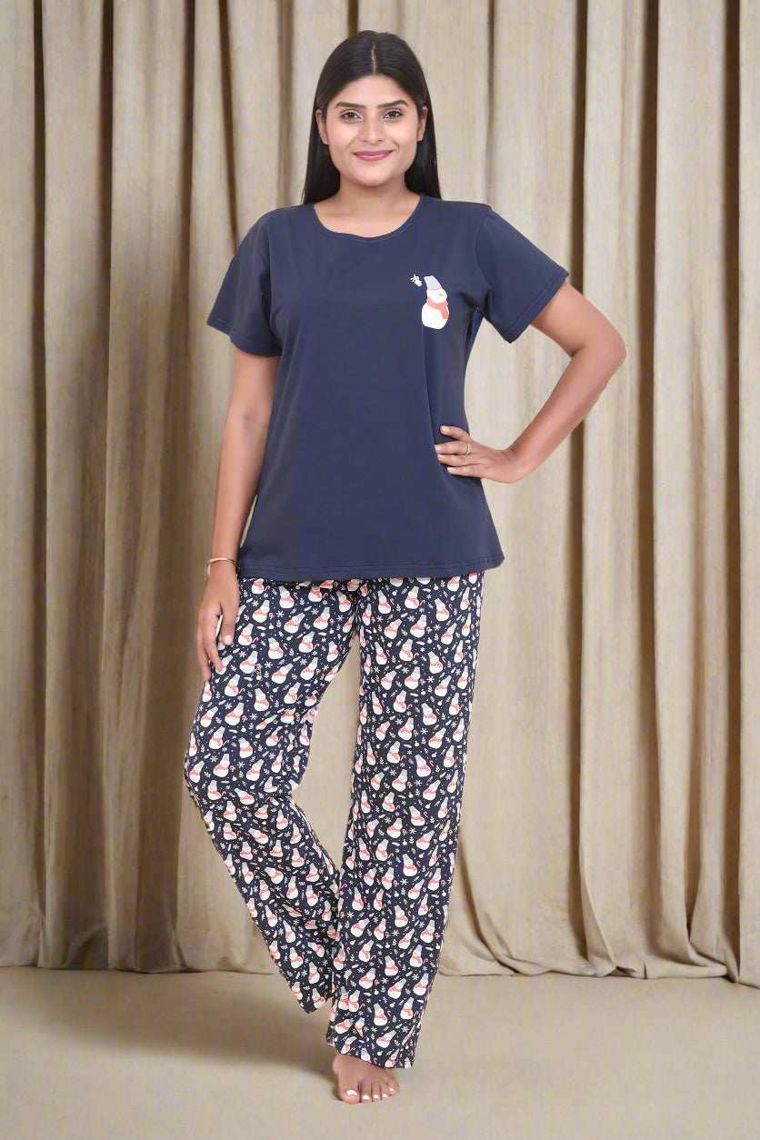 Velure Snowman Print Pajama Set - Velure - - Cotton Lycra Fabric, Full Length Pant, Half Sleeves, Round neck nightsuit