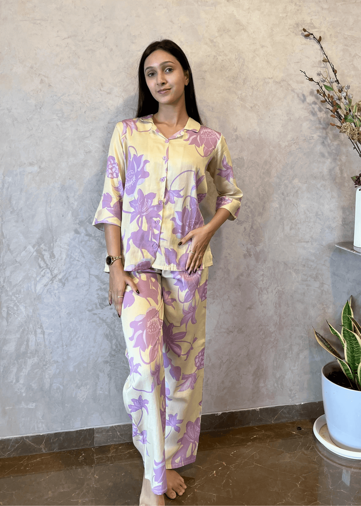 Velure Sweet Cozy Floral Cotton Night Suit - Velure - - 3/4 Sleeves, Collar Neck, Cotton, Floral Print, Front Button Open, Full Length Pant