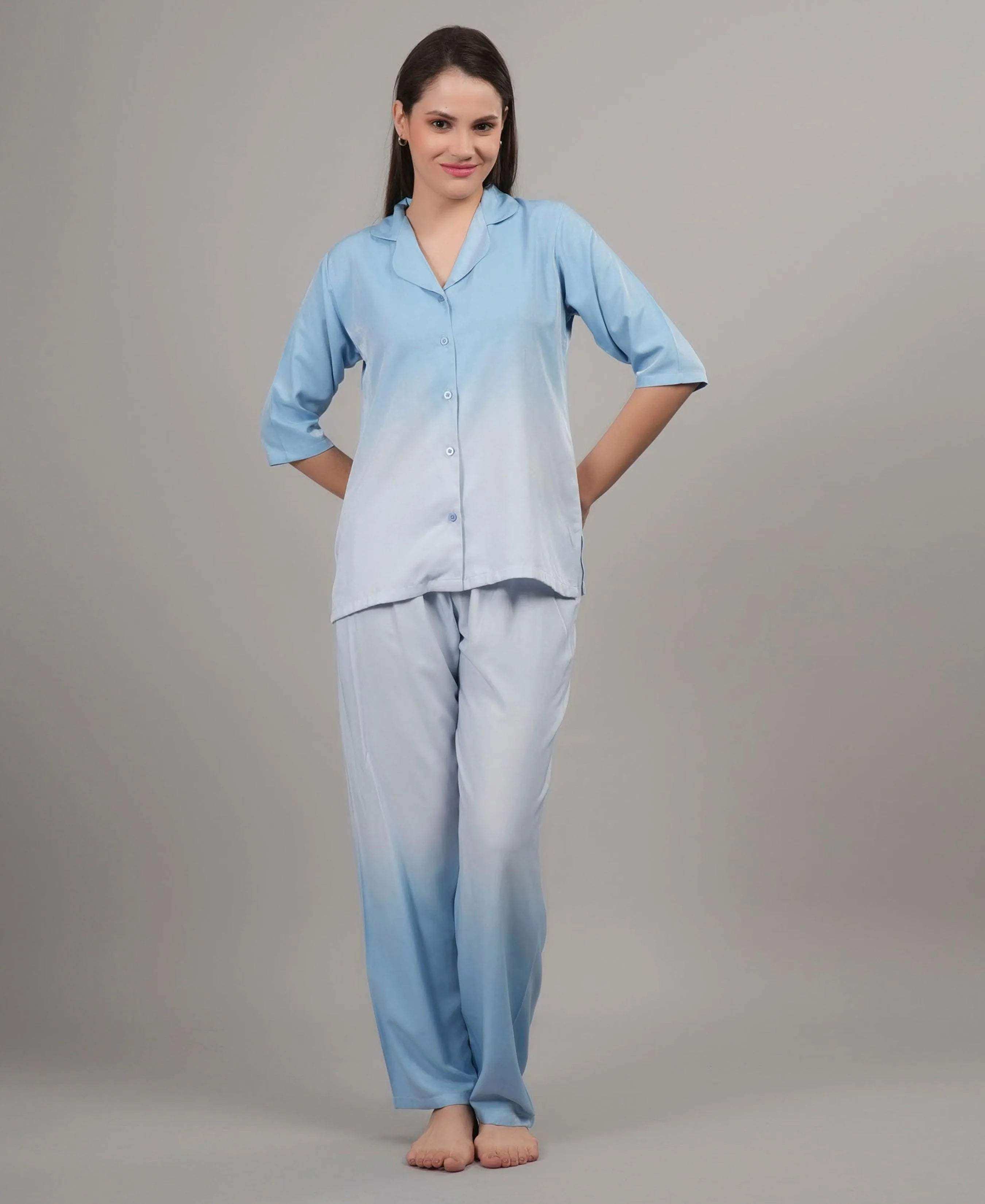 Velure Glossy Blue Co-ord Set - Velure - - 3/4 Sleeves, Collar Neck, Cotton, Front Button Open, Full Length Pant
