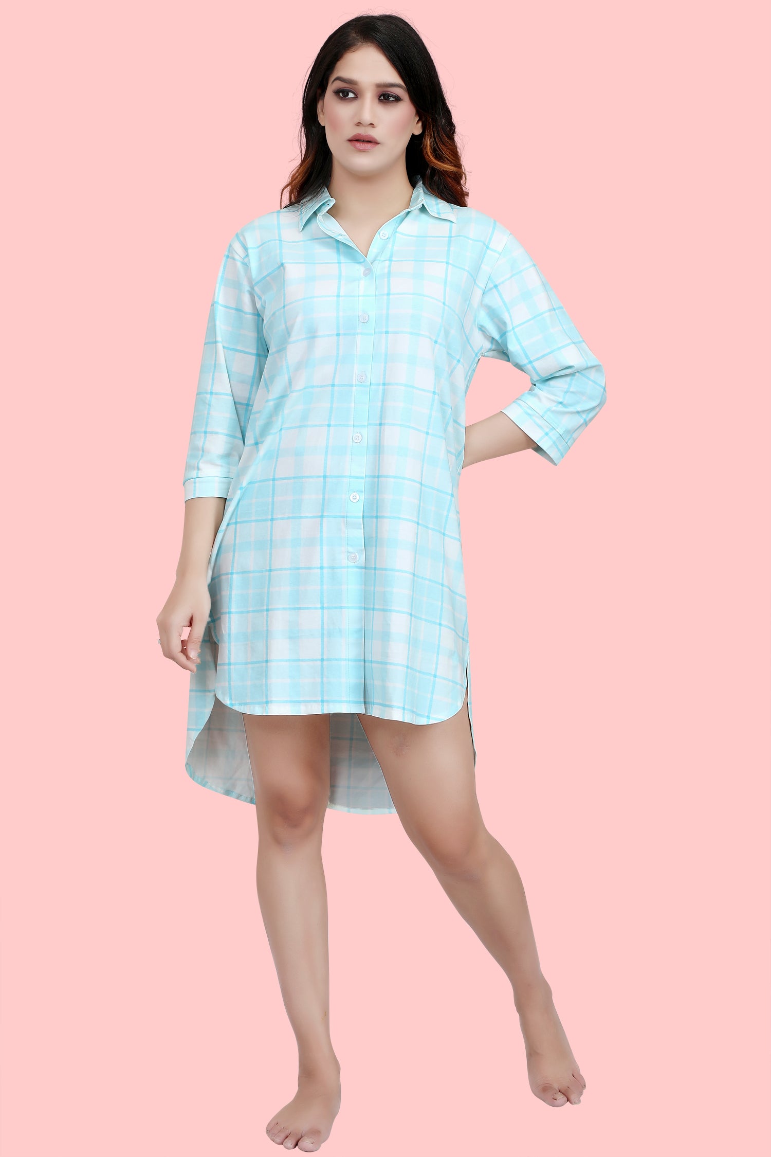 Velure Classic Blue Checkered Casual  Short Night Shirt - Velure, Short Nightdress, Enjoy a restful night's sleep with the Velure Classic Blue Checkered Casual Short Night Shirt. This knee-length Night Shirt features a collar, a front button placket, and half sleeves, offering both style and comfort. The elegant checkered design adds a touch of sophistication to this smooth nightgown. Purchase now for the ultimate relaxation experience.