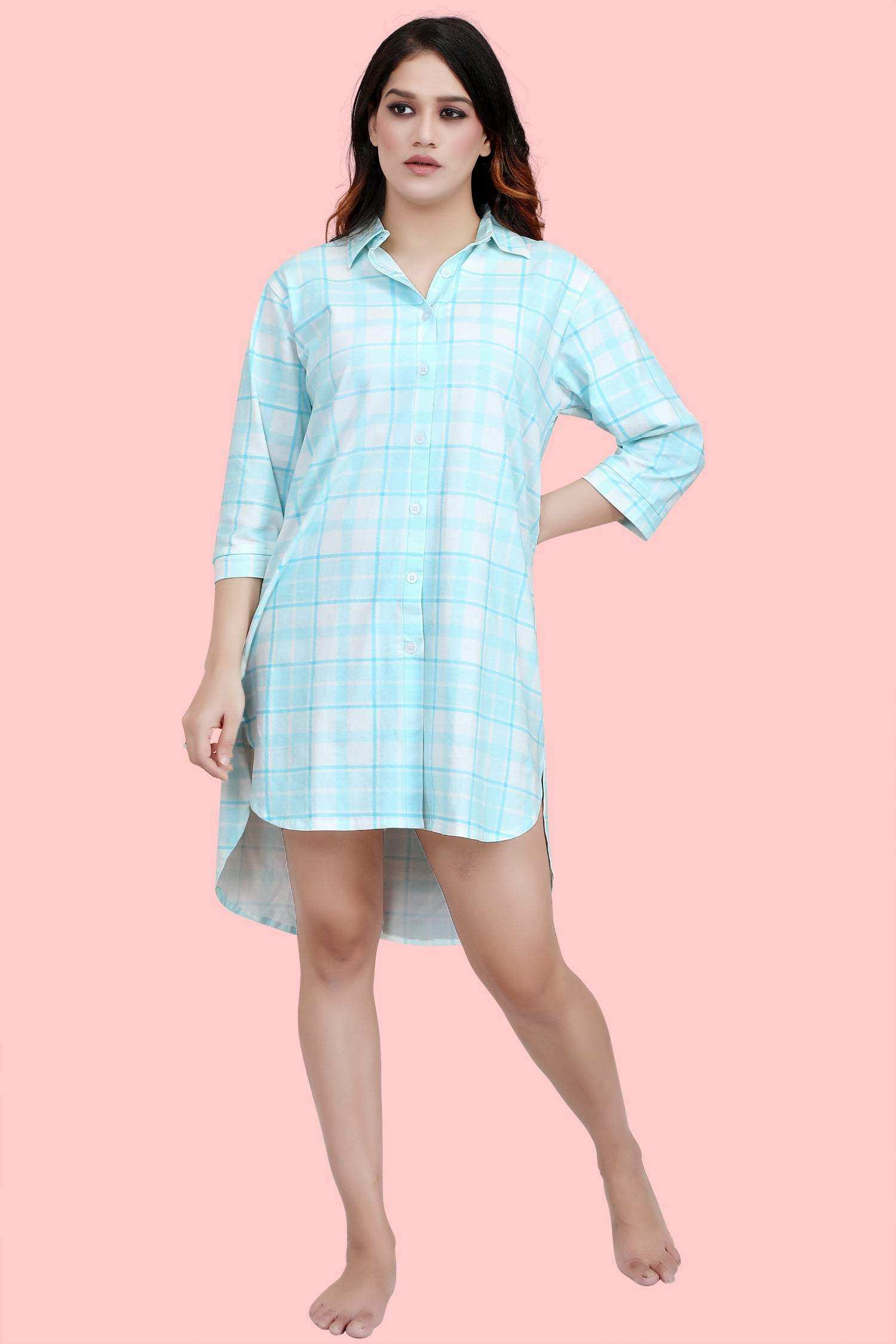 Velure Classic Blue Checkered Casual Short Night Shirt - Velure - - 3/4 Sleeves, Collar Neck, Cotton, Front Button Open