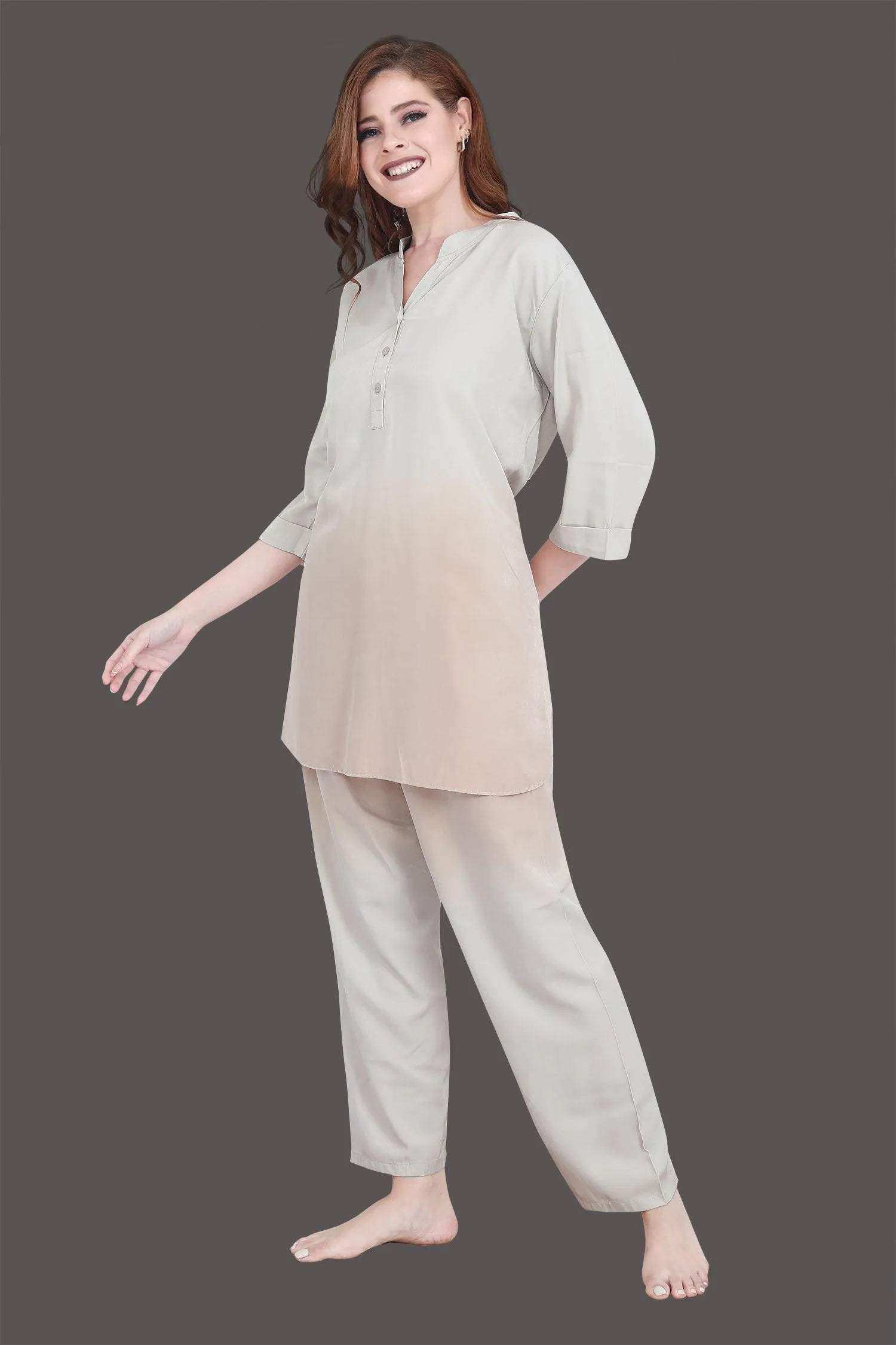 Velure Stunning Dual Shade Kurti Style Night Suit - Velure - - 3/4 Sleeves, Collar Neck, Cotton, Front Button Open, Full Length Pant