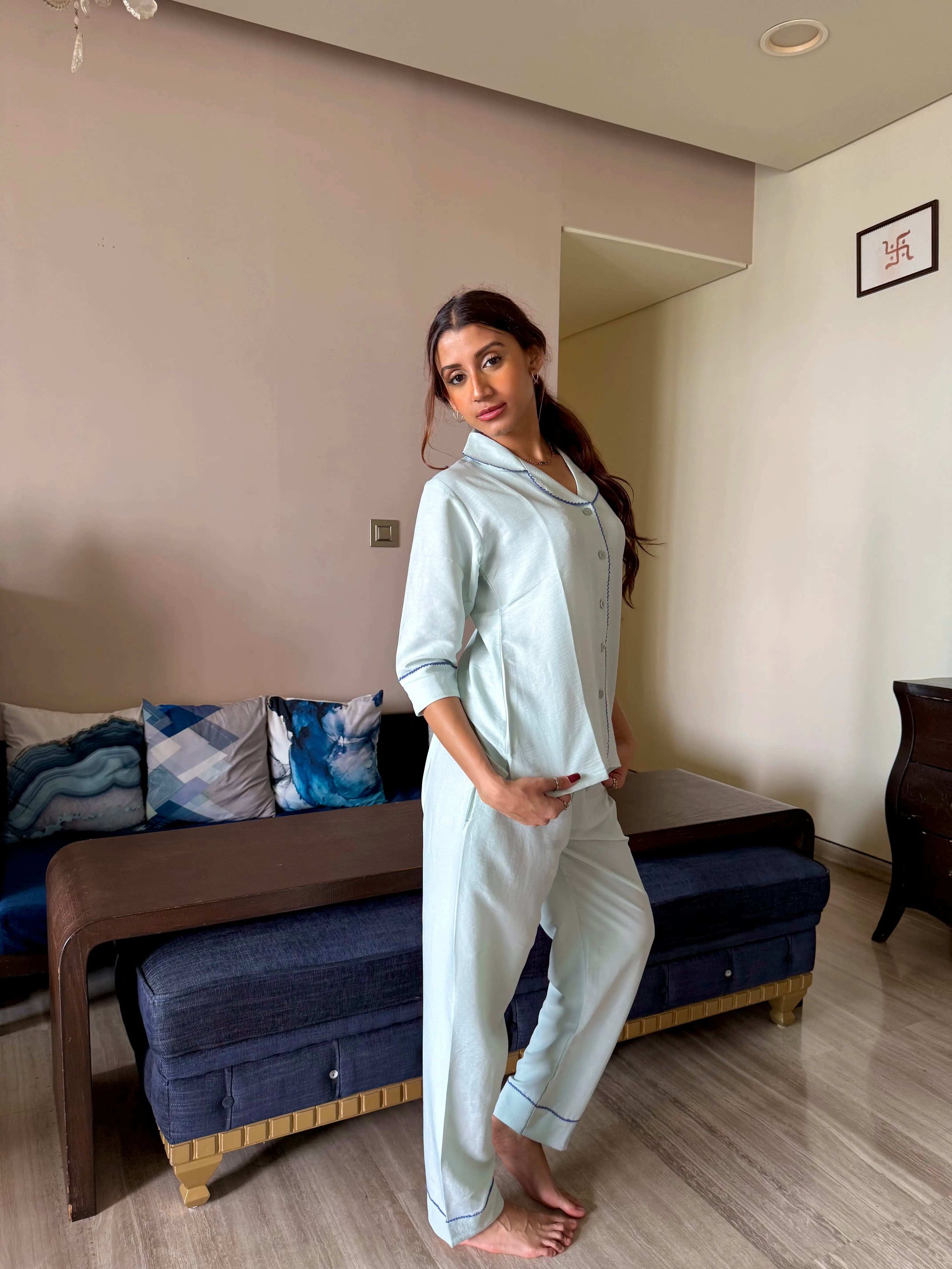 Velure Mint Cotton Essence Night Suit - Velure - - 3/4 Sleeves, Collar Neck, Cotton, Front Button Open, Full Length Pant