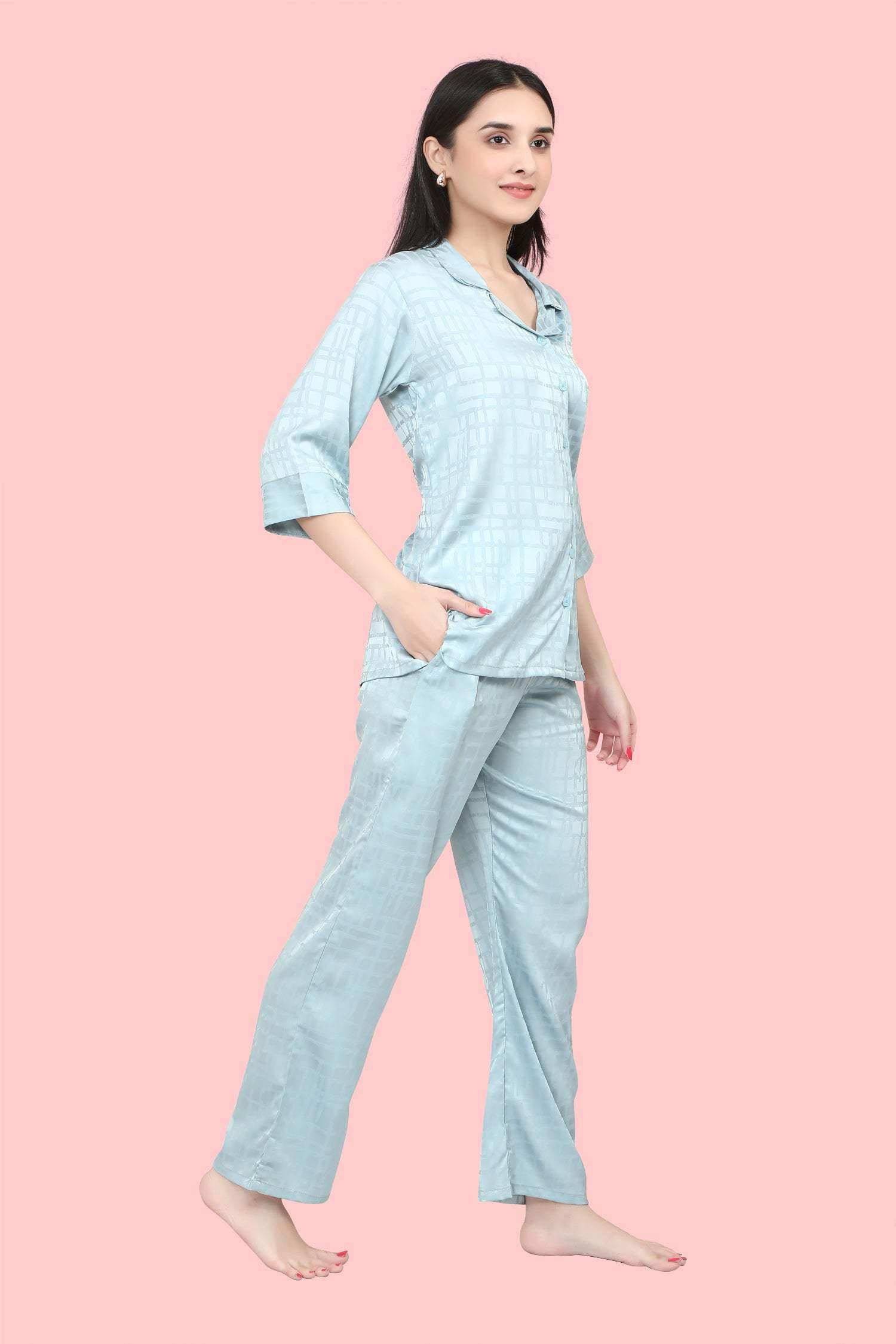 Velure Ethnic Satin Night Suit - Velure - - 3/4 Sleeves, Collar Neck, Front Button Open, Full Length Pant, Satin