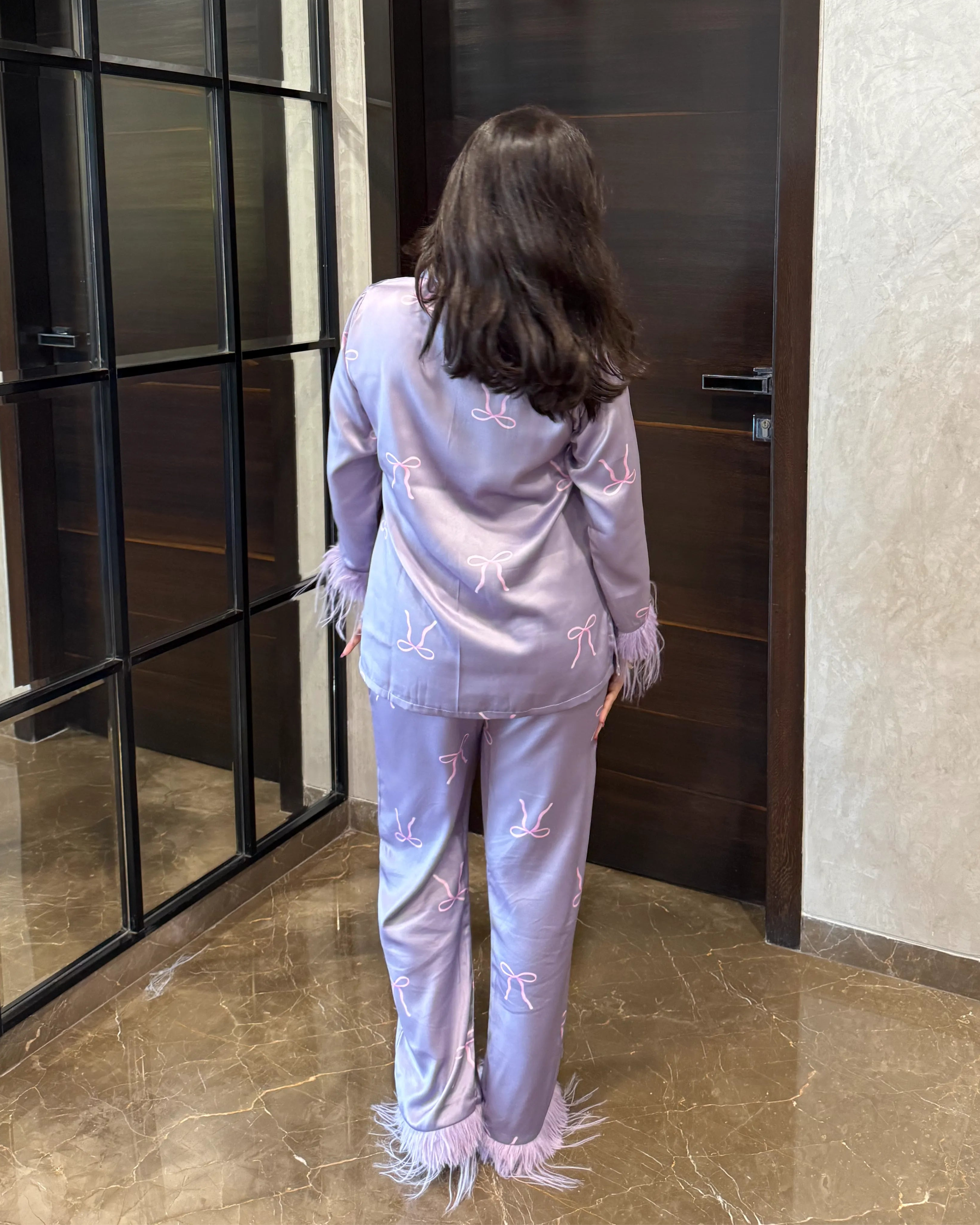 Velure Embellished Bow Fur Satin Sleepwear Set