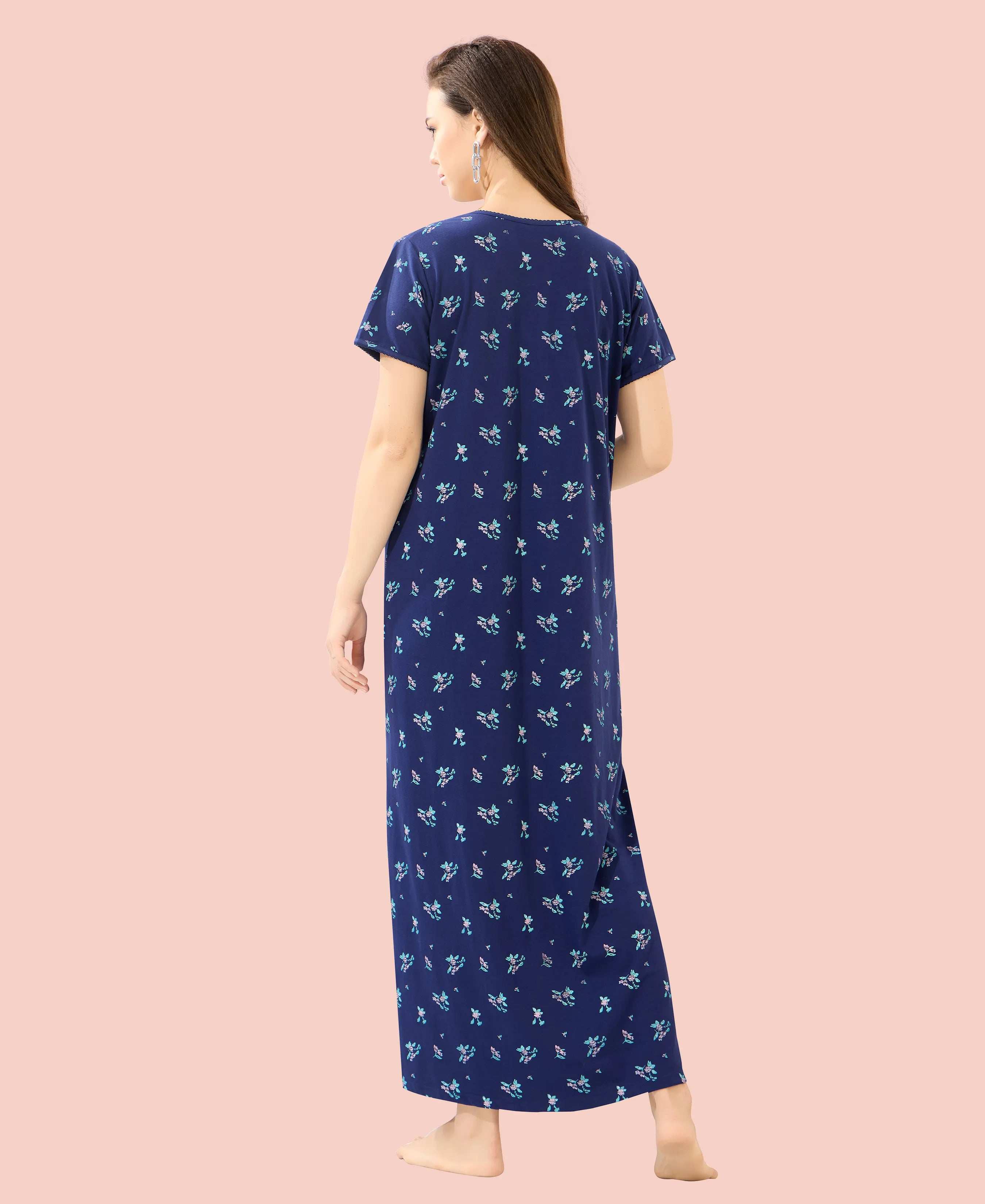 Velure Floral Print Hosiery Nighty - Velure - Nighty - Floral Print, Full Length Nighty, Half Sleeves Nighty, Hosiery Cotton