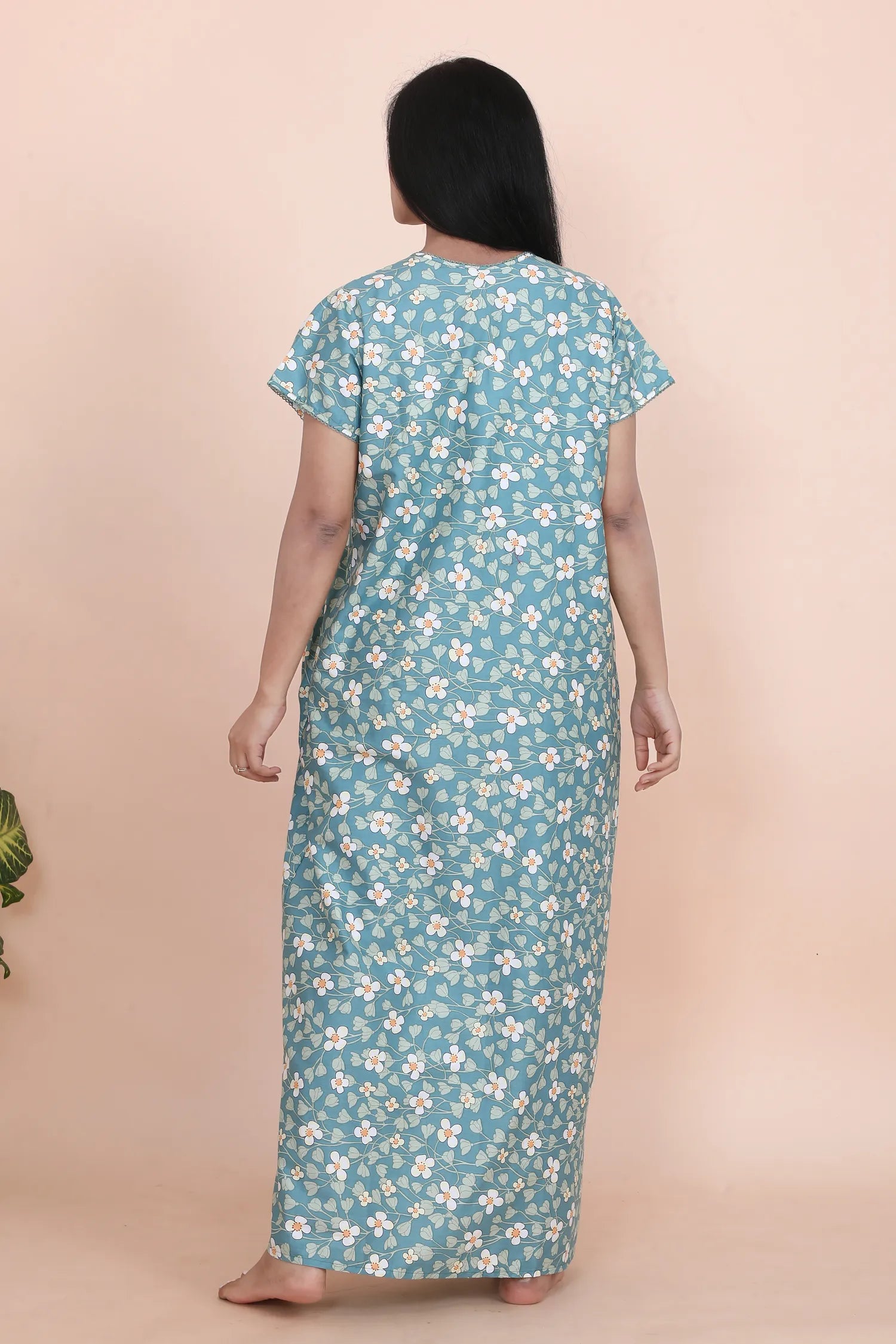 Velure Chic Green Floral Print Cotton Nighty