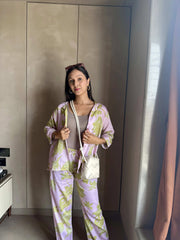 Velure Charming Floral Cotton Night Suit - Velure - - 3/4 Sleeves, Collar Neck, Cotton, Floral Print, Front Button Open, Full Length Pant