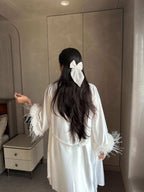 Velure White Satin 3 Piece Robe Set - Velure - - Fur, Robe, Satin, Shorts, Spaghetti