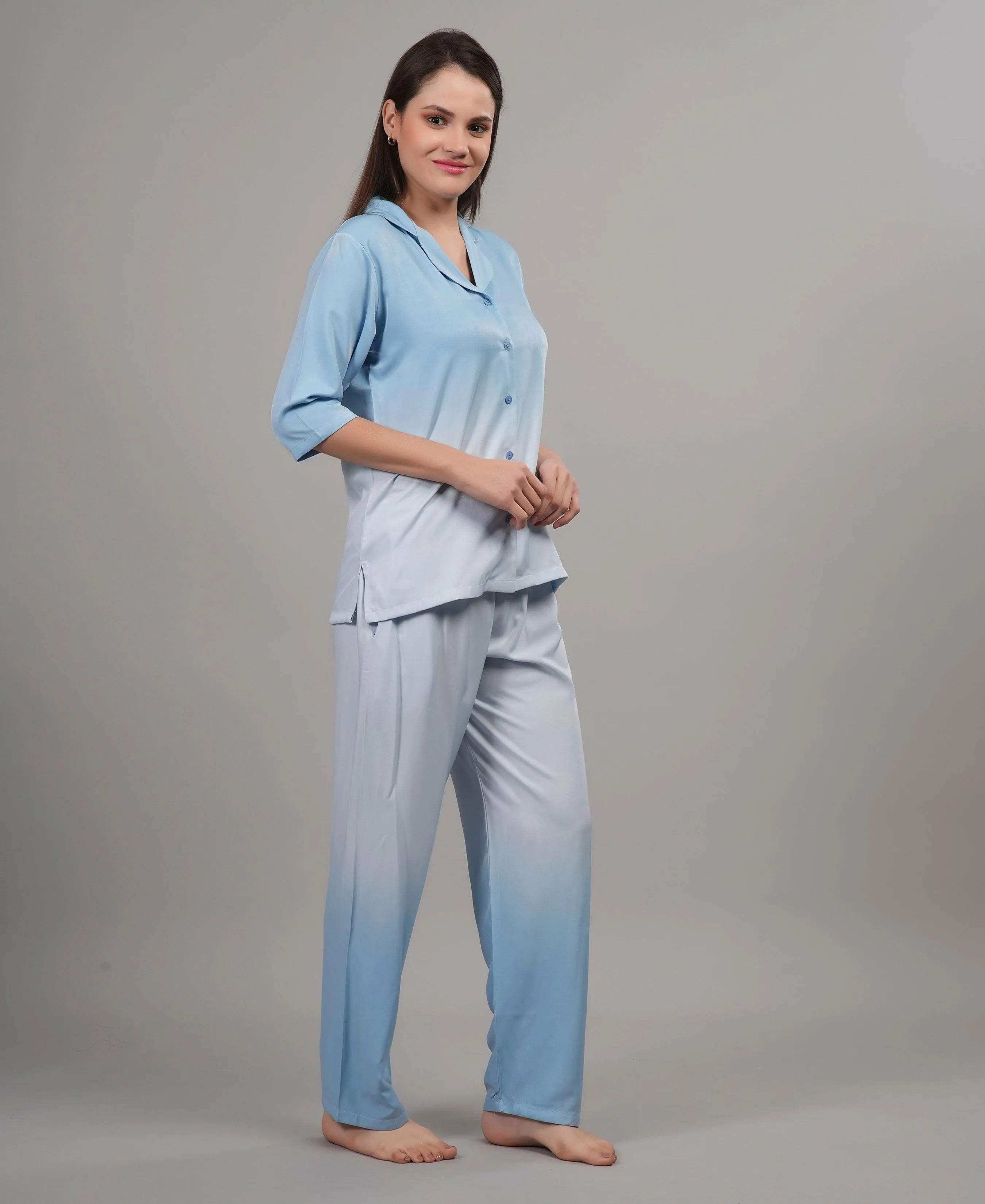 Velure Glossy Blue Co-ord Set - Velure - - 3/4 Sleeves, Collar Neck, Cotton, Front Button Open, Full Length Pant