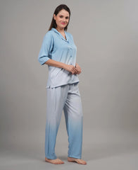 Velure Glossy Blue Co-ord Set - Velure, Co-ord Sets, Enhance your appearance with the Velure Glossy Blue Co-ord Set. Crafted from top-quality material, this beautiful two-piece ensemble boasts a distinctive dual-shaded pattern that will surely make an impression. Its three-fourth sleeves add a touch of elegance, making it a hit among your colleagues. Comfortable and chic, this set is a must-have for any wardrobe.