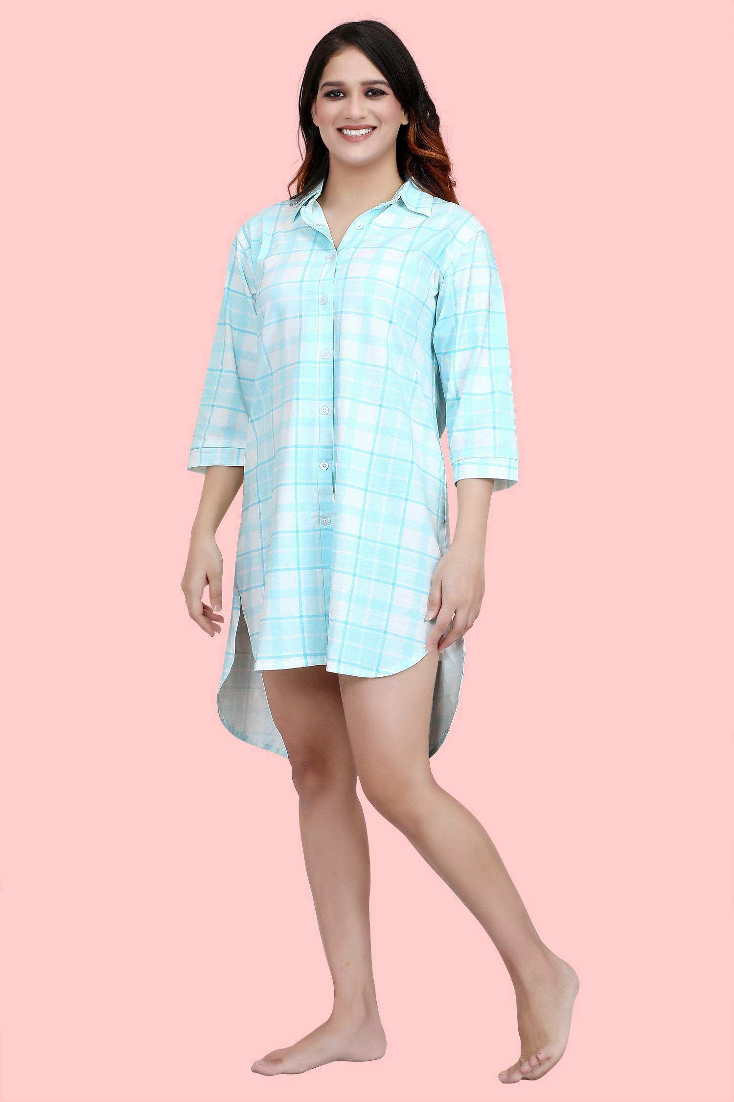 Velure Classic Blue Checkered Casual Short Night Shirt - Velure - - 3/4 Sleeves, Collar Neck, Cotton, Front Button Open