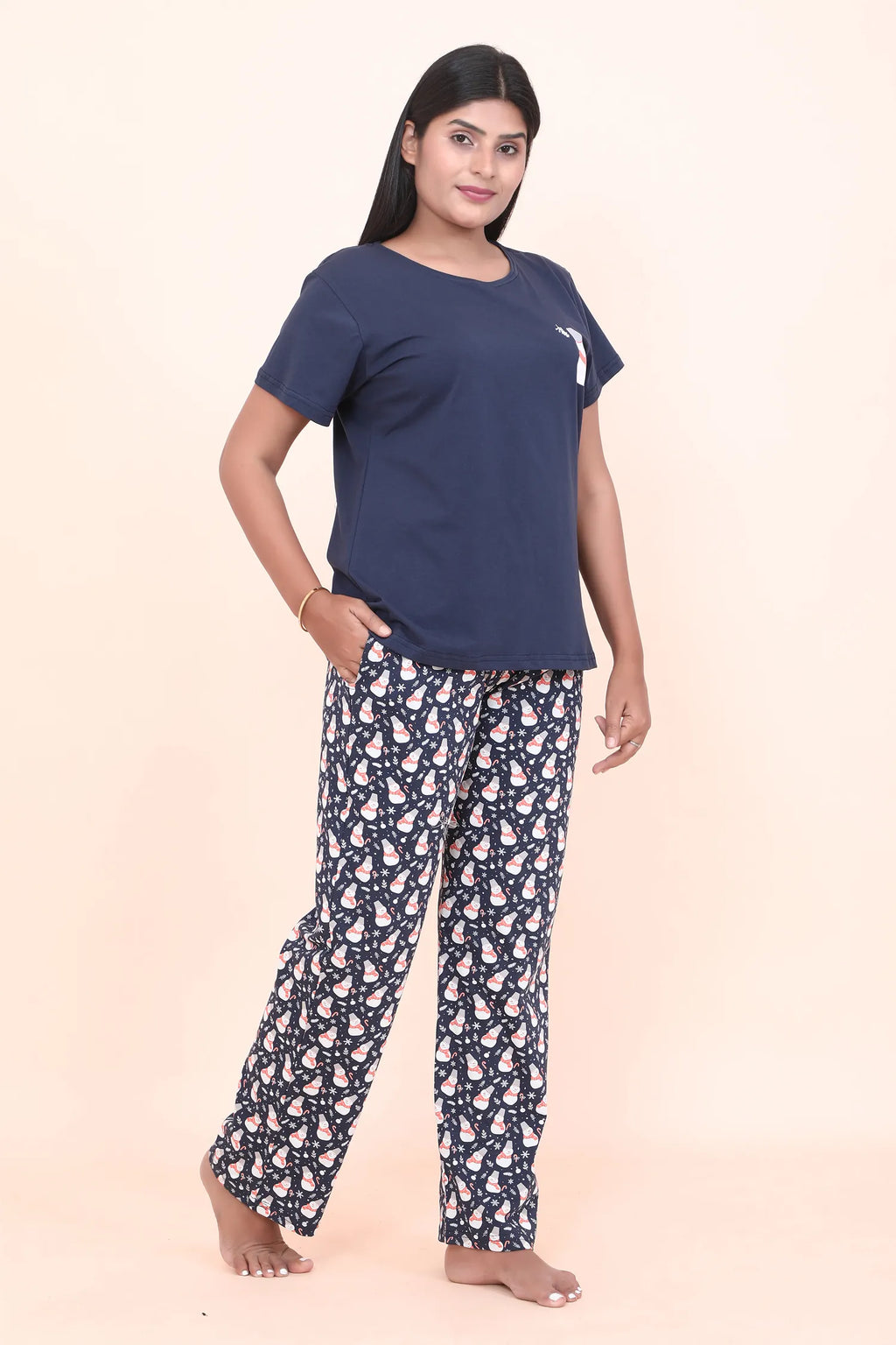 Velure Snowman Print Pajama Set - Velure - - Cotton Lycra Fabric, Full Length Pant, Half Sleeves, Round neck nightsuit