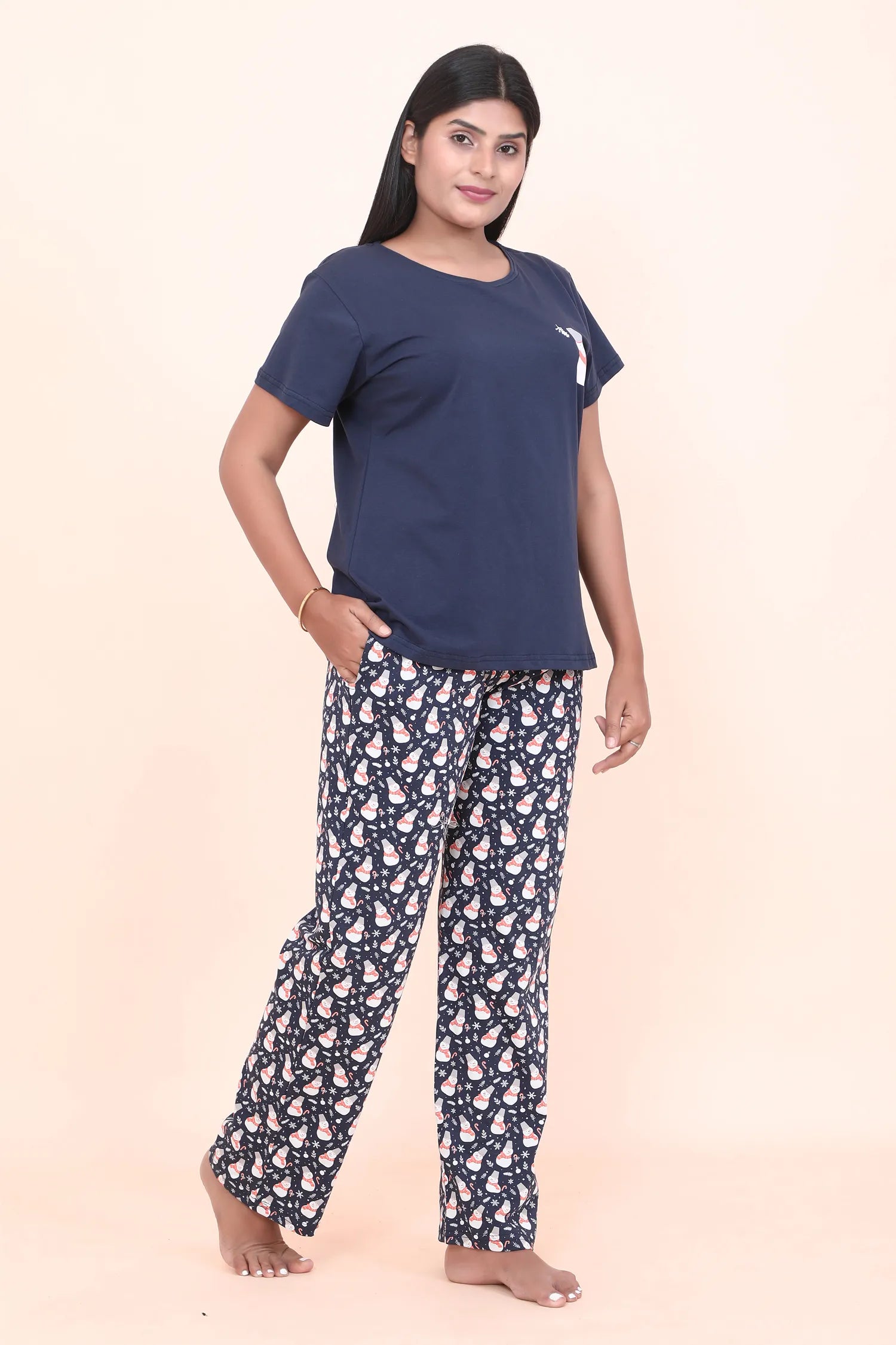 Velure Snowman Print Pajama Set - Velure - - Cotton Lycra Fabric, Full Length Pant, Half Sleeves, Round neck nightsuit