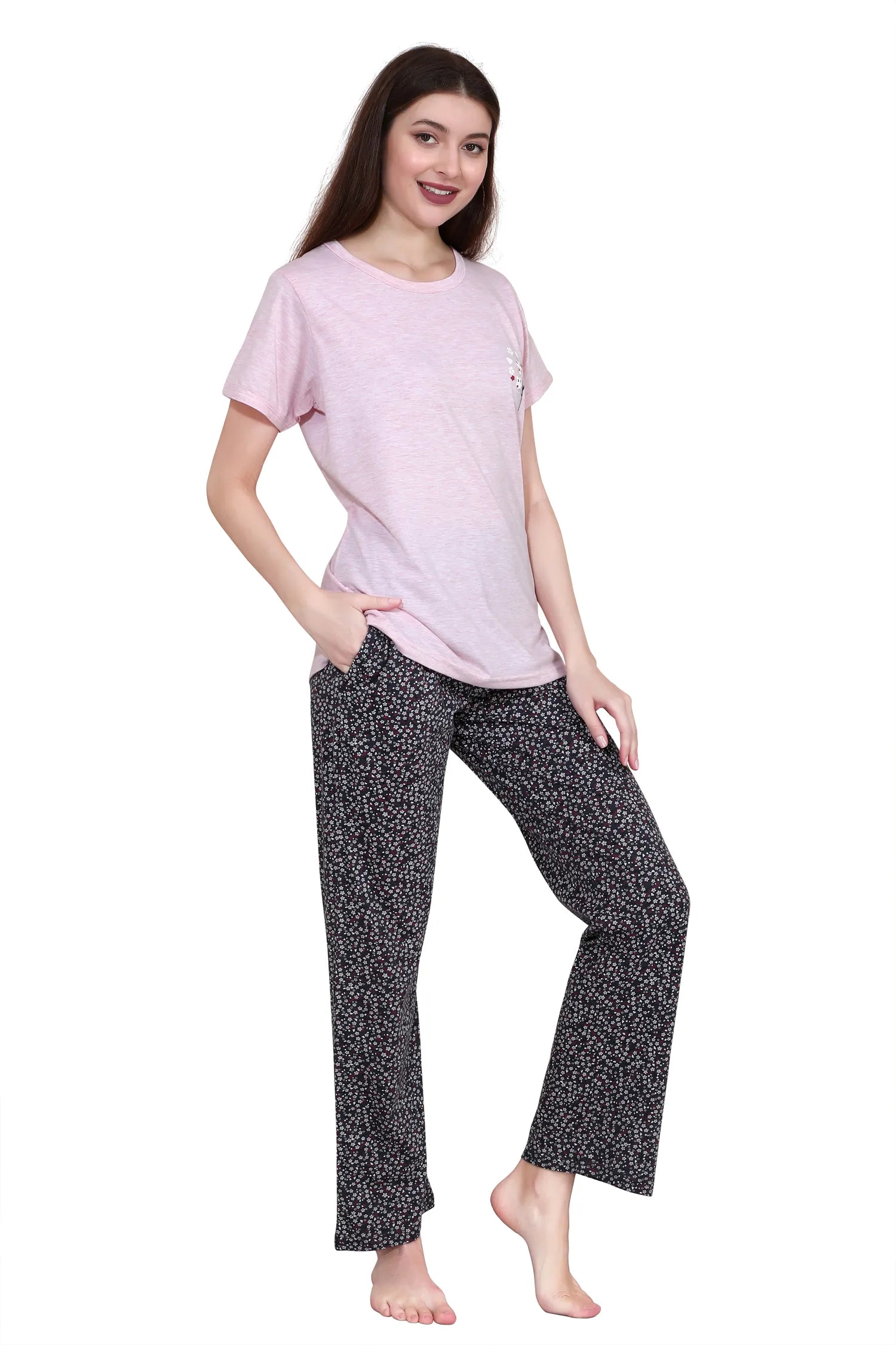 Velure Cozy Floral Print Pajama Set - Velure, T-Shirt and Pant, Get ready to relax in this delightful pajama set, designed for ultimate comfort. Crafted from soft, breathable cotton fabric, and includes a classic short-sleeve top with a relaxed fit and pants for a breezy feel. The playful patterns add a touch of fun, while the elastic waistband ensures a perfect fit. Whether lounging at home or getting ready for a good night's sleep, this PJ set is the ideal companion for sweet dreams and lazy weekends.