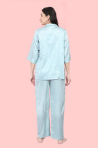 Velure Ethnic Satin Night Suit - Velure - - 3/4 Sleeves, Collar Neck, Front Button Open, Full Length Pant, Satin