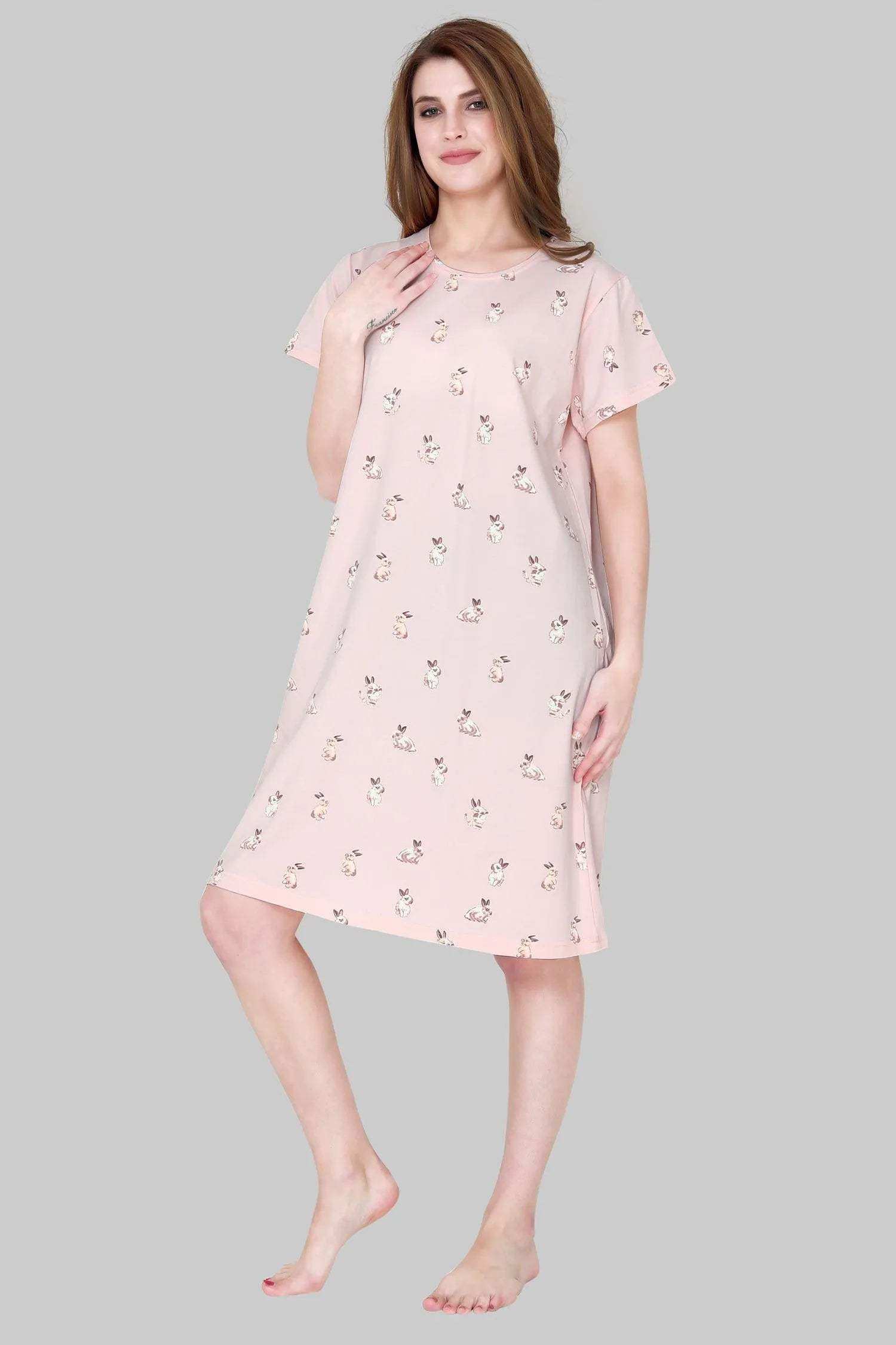 Velure Cartoon Bunny Print Short Nighty - Velure - - Cotton, Half Sleeves, Knee Length, Printed, Round neck