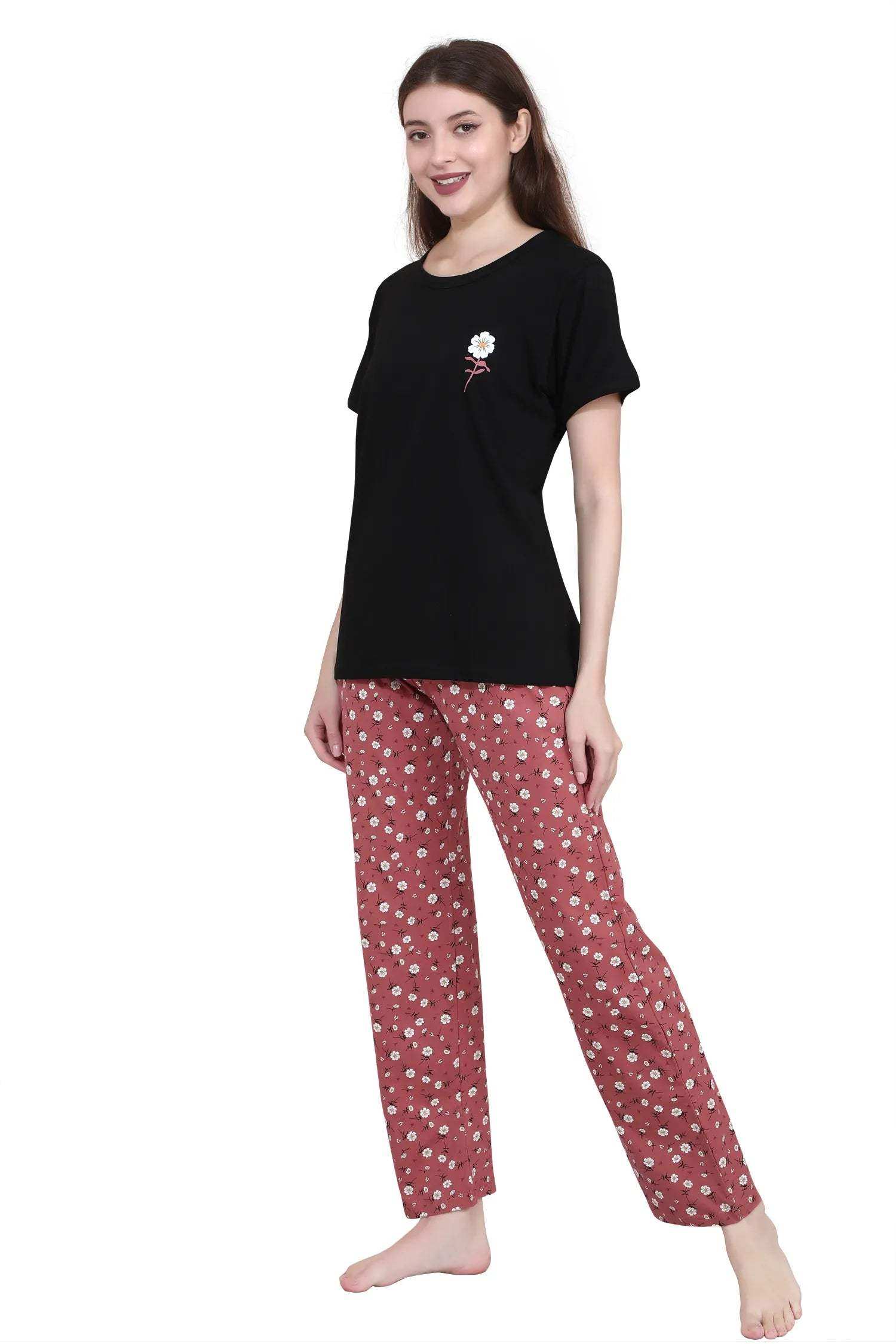 Velure Stunning Floral Print Pajama Set - Velure - - Floral Print, Full Length Pant, Half Sleeves, Hosiery Cotton, Round neck nightsuit