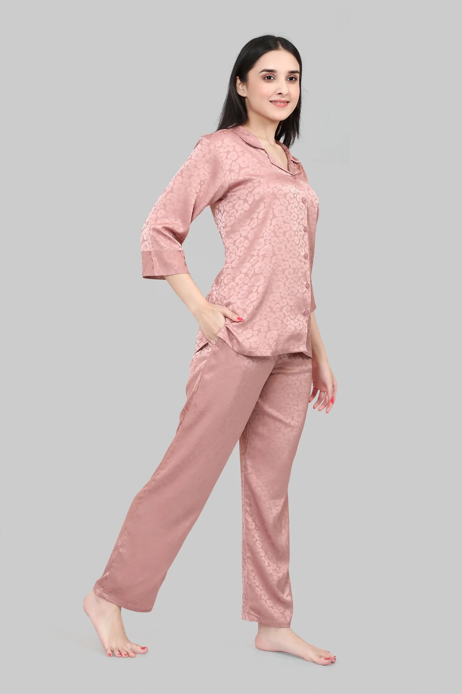 Velure Brown Floral Print Satin Night Suit - Velure, , Elevate your sleepwear collection with the Velure Brown Floral Print Satin Night Suit. This night suit is crafted from soft satin fabric, offering a gentle and comforting feel against the skin. The printed pattern adds an extra touch of charm. It is the perfect combination of style and comfort, making it an excellent addition to your sleepwear collection.