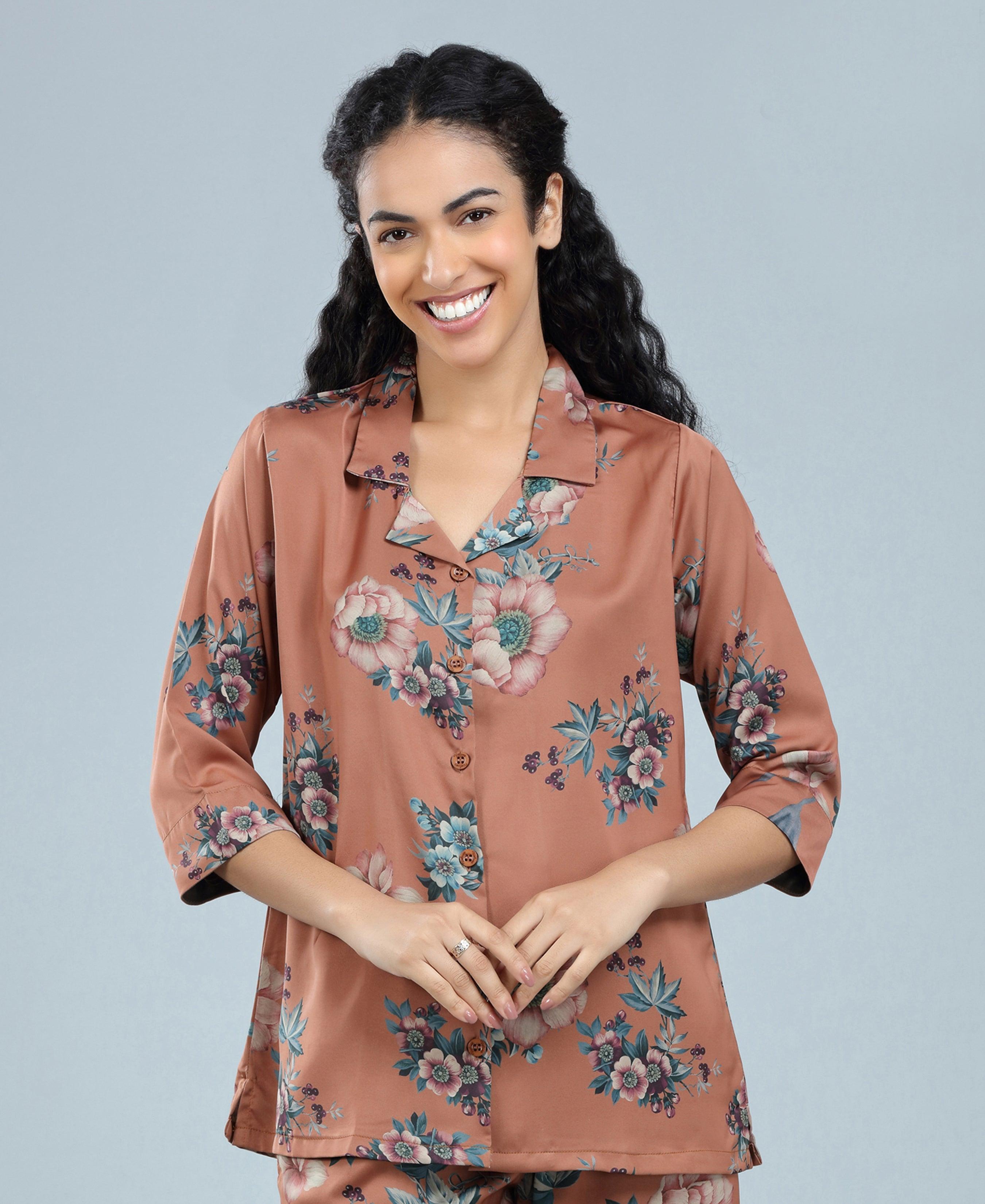 Velure Charming Relaxed Floral Print Night Suit - Velure - Shirt and Pant - 3/4 Sleeves, Collar Neck, Floral Print, Front Button Open, Full Length Pant, Satin