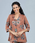 Velure Charming Relaxed Floral Print Night Suit - Velure - - 3/4 Sleeves, Collar Neck, Floral Print, Front Button Open, Full Length Pant, Satin