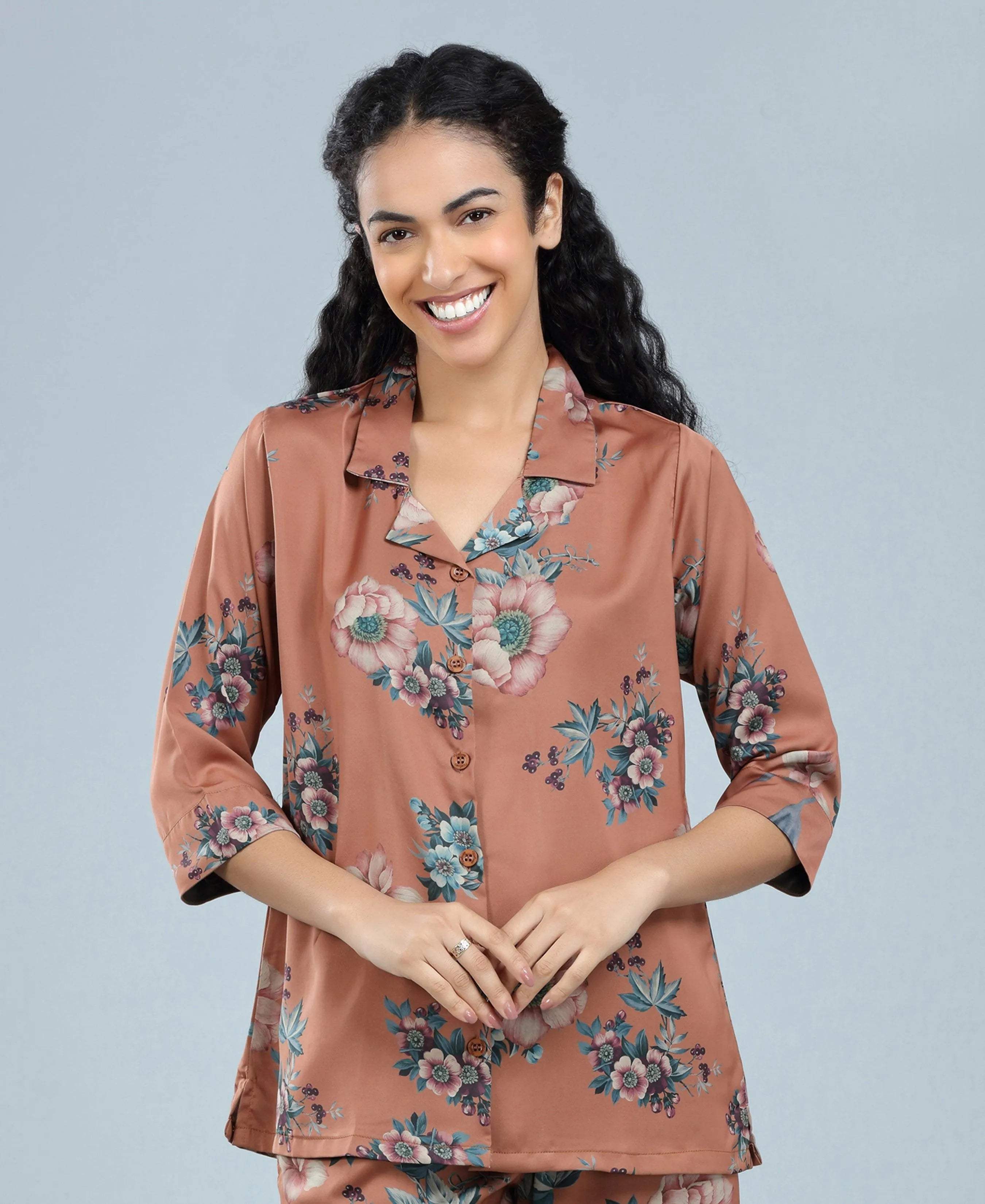 Velure Charming Relaxed Floral Print Night Suit - Velure - - 3/4 Sleeves, Collar Neck, Floral Print, Front Button Open, Full Length Pant, Satin