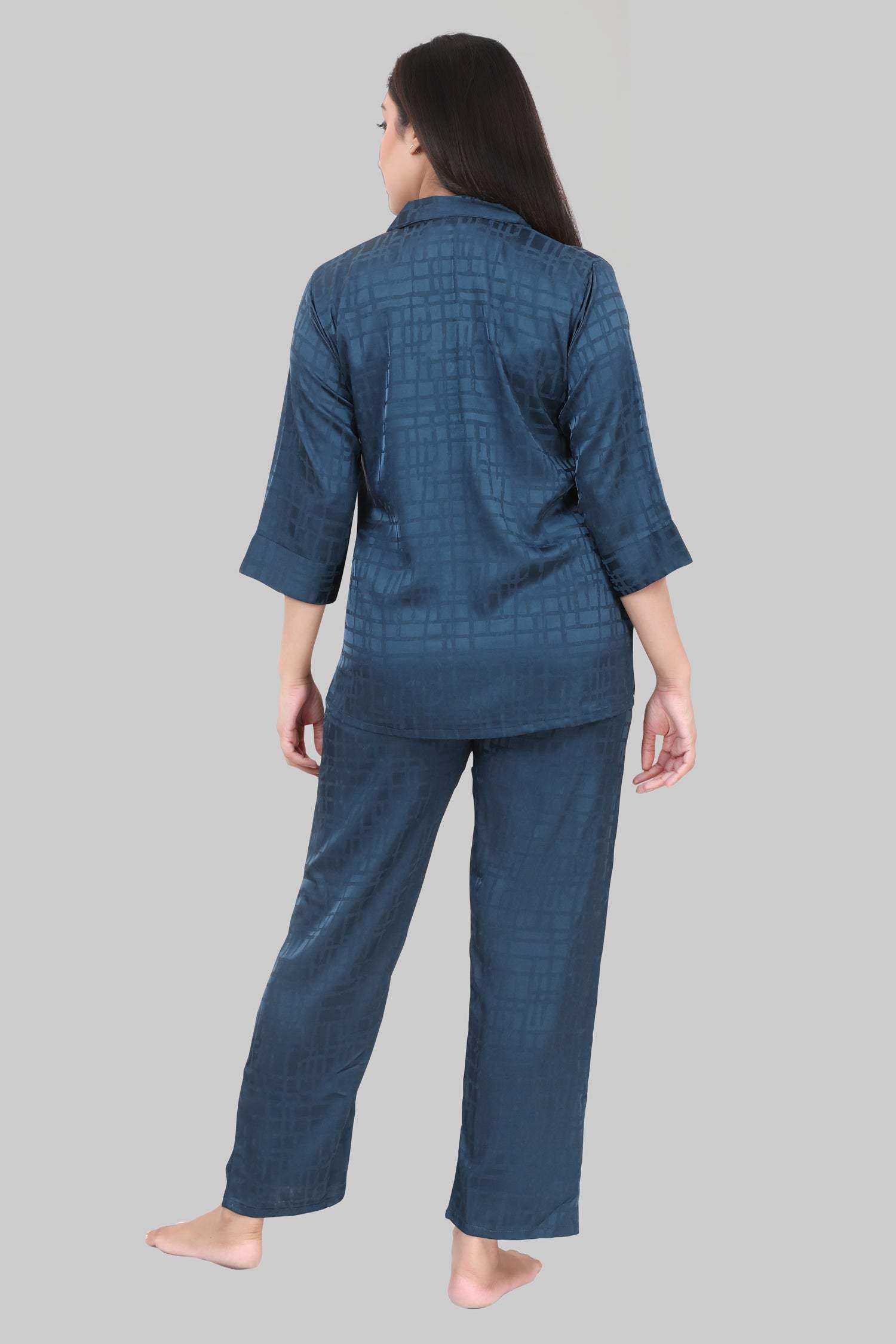 Velure Textured Intense Green Satin Night Suit - Velure - - 3/4 Sleeves, Collar Neck, Front Button Open, Full Length Pant, Satin