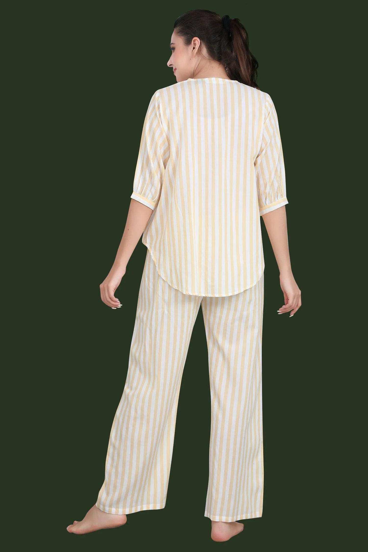 Velure Striped Casual Night Suit - Velure - - 3/4 Sleeves, Cotton, Full Length Pant, Stripes
