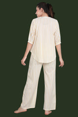 Velure Yellow Striped Casual Co-ord Set - Velure - Long Top and Pant - 3/4 Sleeves, Cotton, Full Length Pant, Stripes