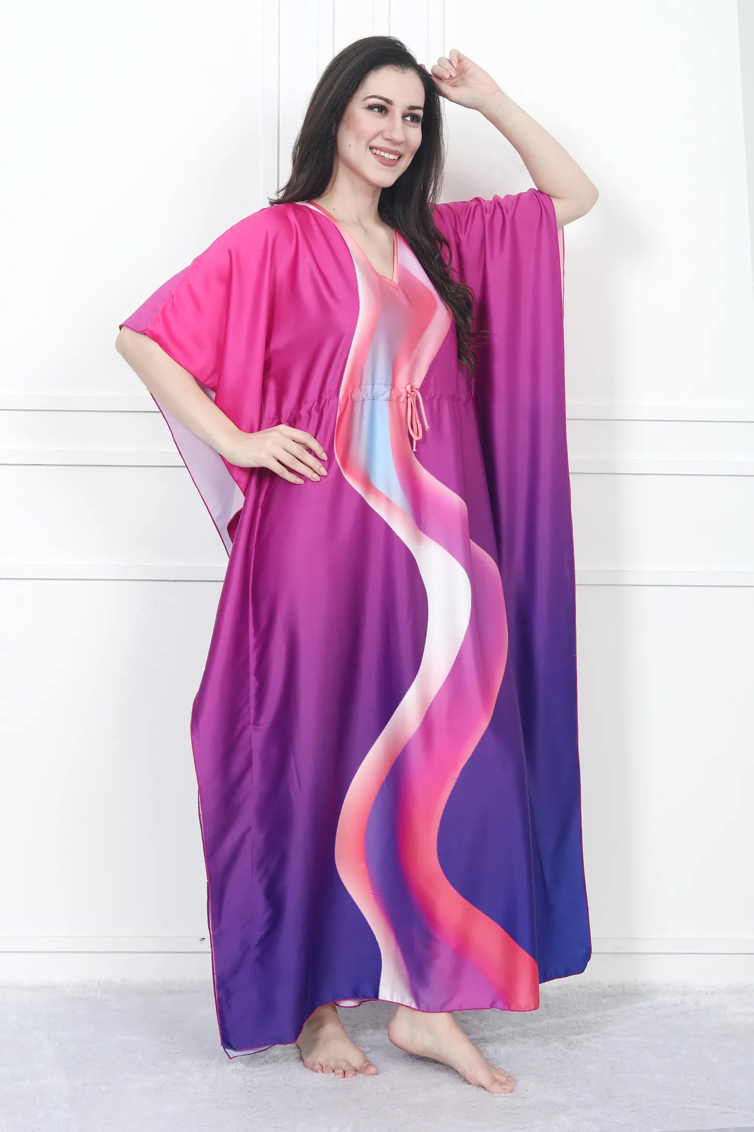Velure Abstract Radiant Kaftan - Velure - - Center Drawstring, Full Length Nighty, Satin