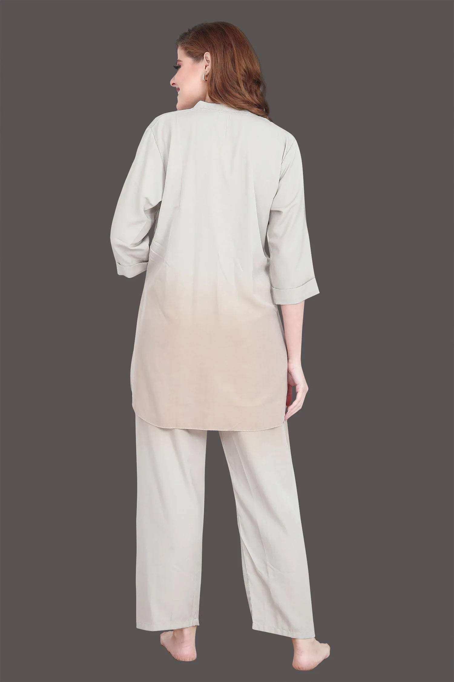 Velure Stunning Dual Shade Kurti Style Night Suit - Velure - - 3/4 Sleeves, Collar Neck, Cotton, Front Button Open, Full Length Pant