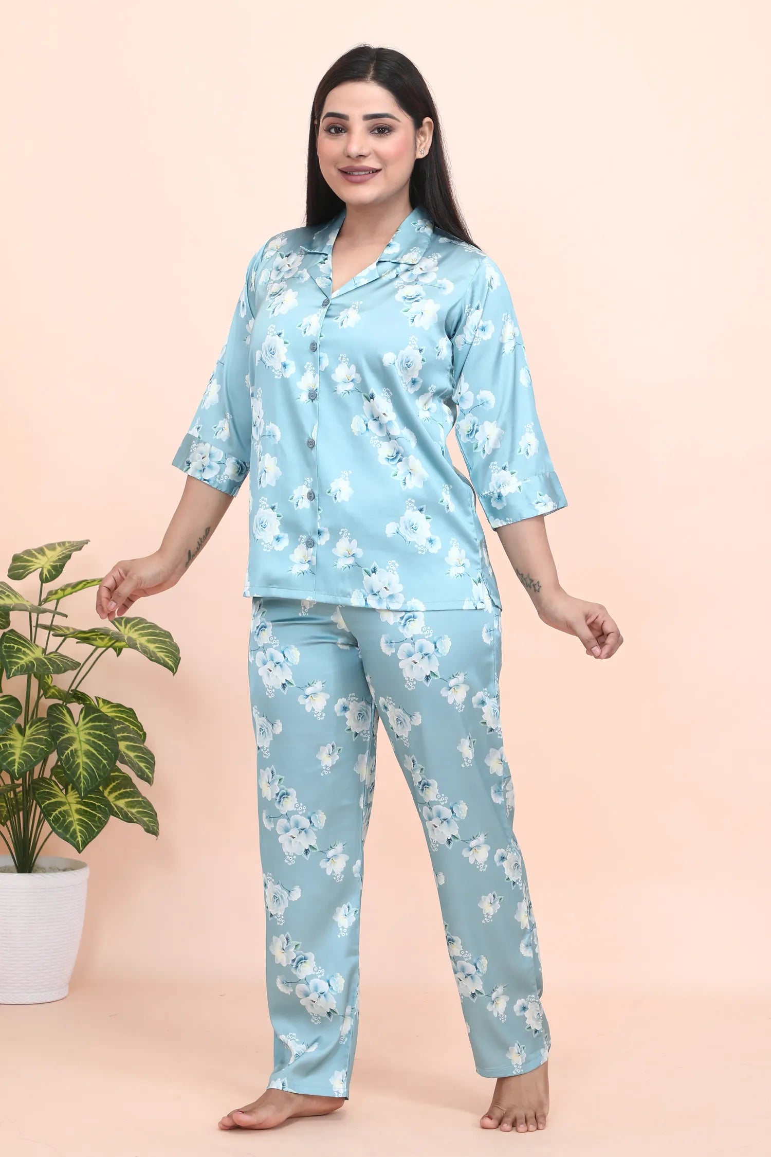 Velure Appealing Floral Print Night Suit - Velure - - 3/4 Sleeves, Collar Neck, Front Button Open, Full Length Pant, Satin