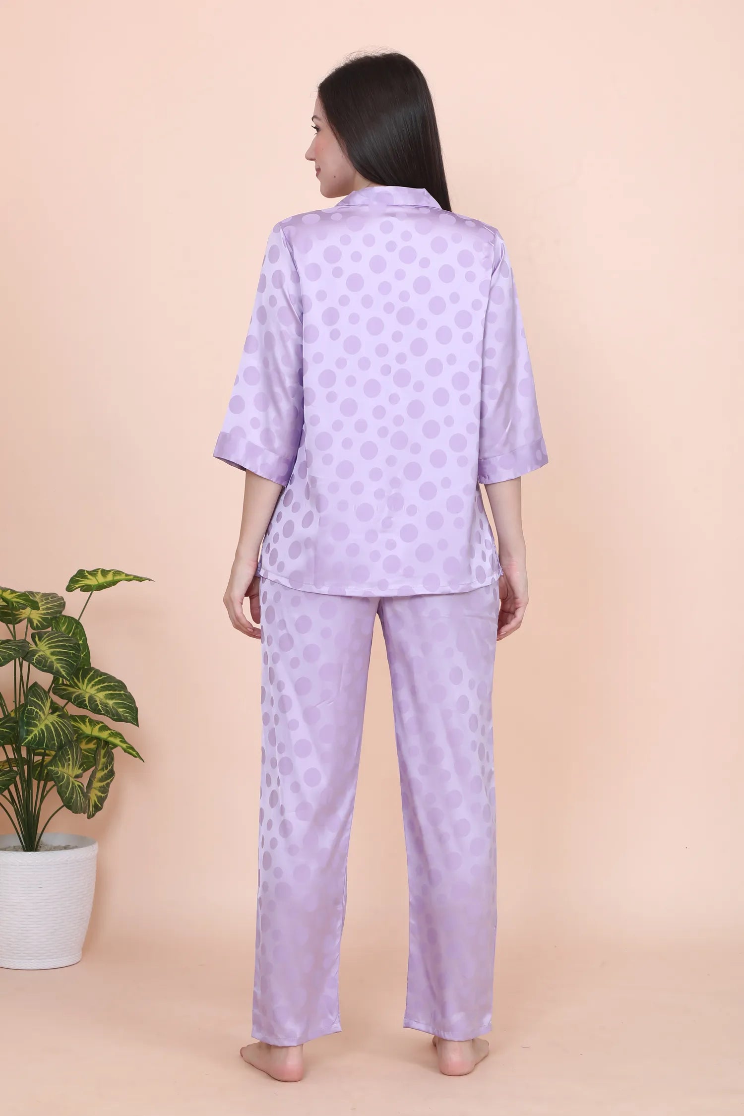 Velure Lavender Casual Polka Dot Satin Night Suit
