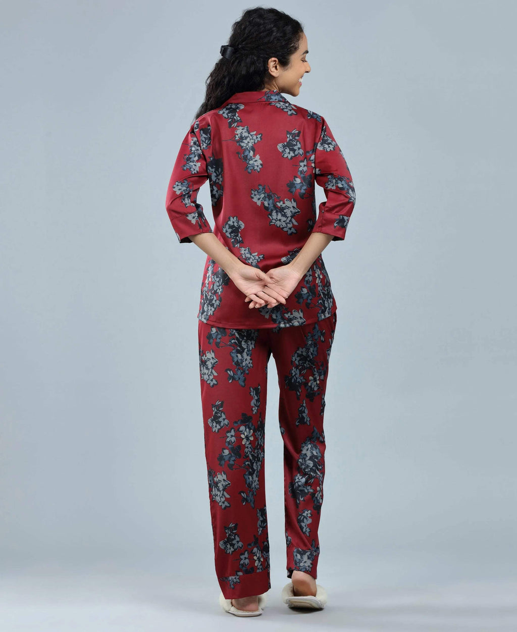Velure Beautiful Floral Print Night Suit - Velure - - 3/4 Sleeves, Collar Neck, Floral Print, Front Button Open, Full Length Pant, Satin