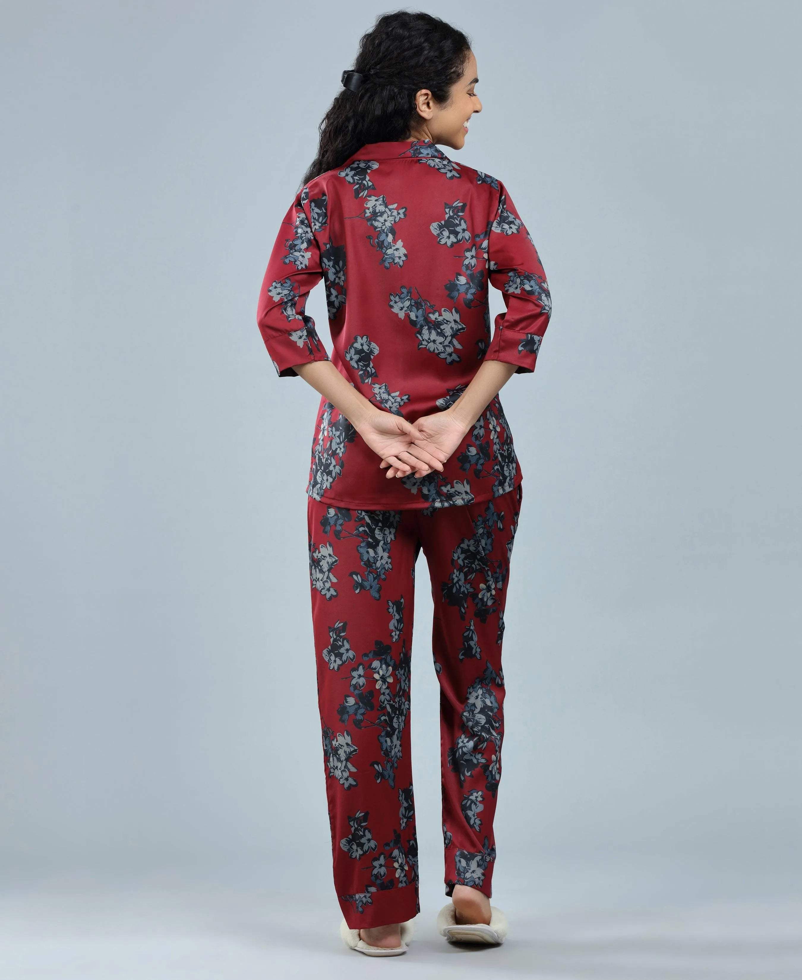 Velure Beautiful Floral Print Night Suit - Velure - - 3/4 Sleeves, Collar Neck, Floral Print, Front Button Open, Full Length Pant, Satin