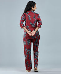 Velure Beautiful Floral Print Night Suit - Velure - Shirt and Pant - 3/4 Sleeves, Collar Neck, Floral Print, Front Button Open, Full Length Pant, Satin