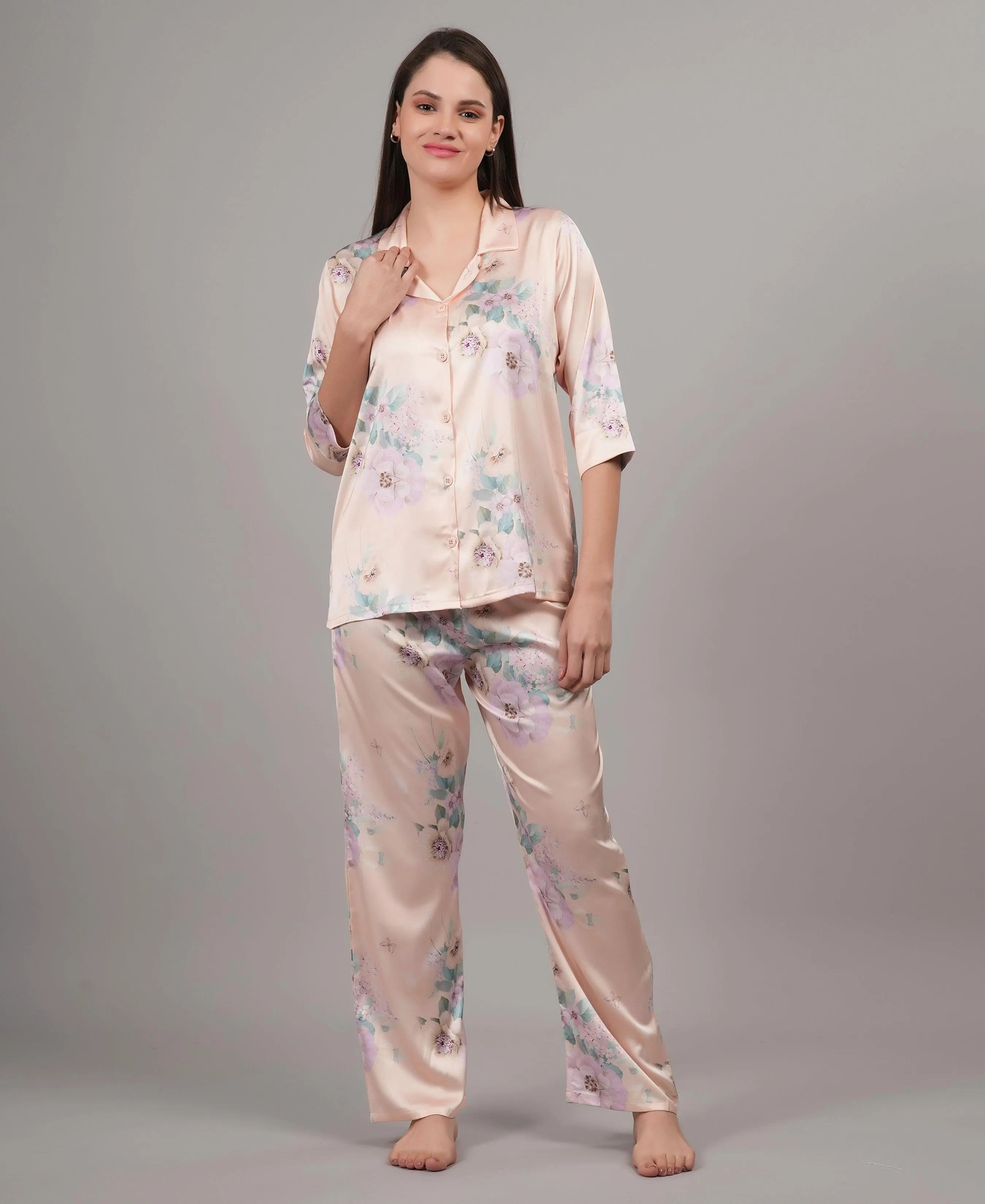 Velure Pleasant Floral Satin Print Night Suit - Velure, Shirt and Pant, Experience ultimate comfort with Velure's Pleasant Floral Print Satin Night Suit. Crafted from luxurious satin fabric, it showcases a stunning floral print and offers a full-sleeve shirt and full-length pants with an elastic waistband for optimal relaxation. Ideal for a peaceful night's rest or leisurely lounging.