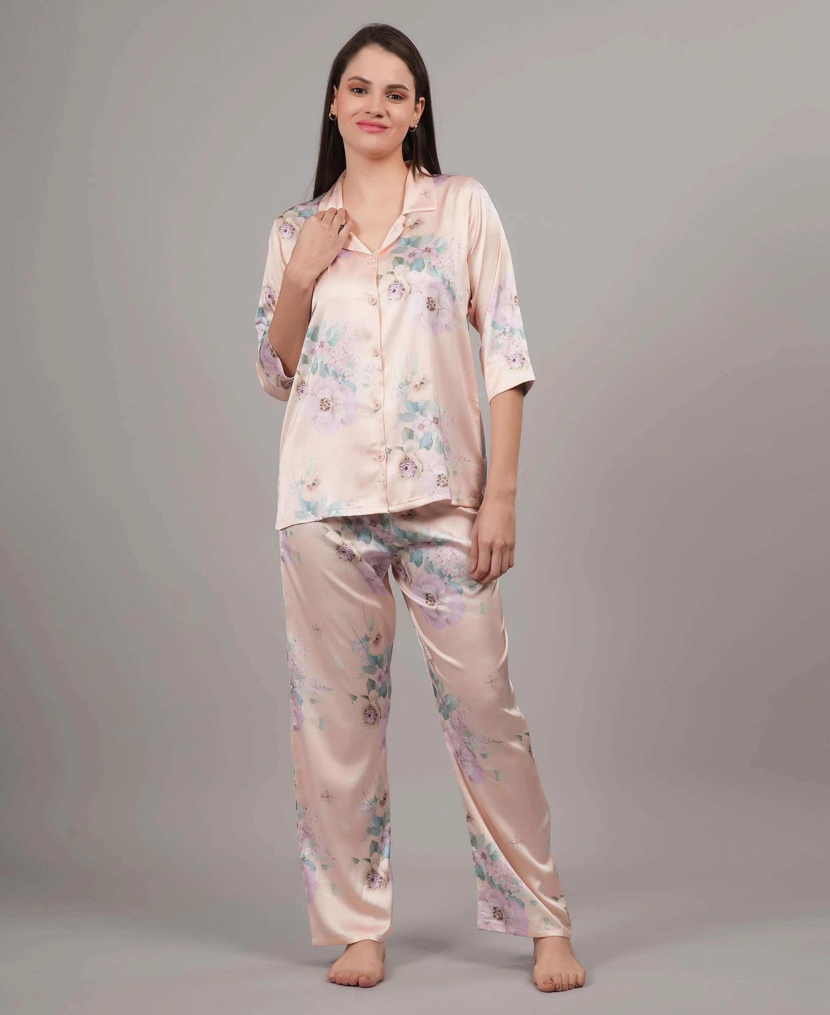 Velure Pleasant Floral Satin Print Night Suit - Velure - - 3/4 Sleeves, Collar Neck, Floral Print, Front Button Open, Full Length Pant, Satin